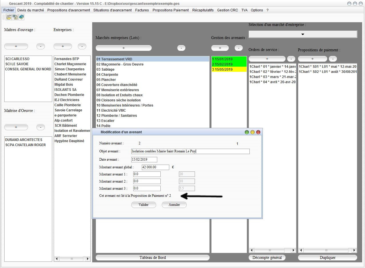 indication sur avenant suivi de chantier gescant v15.15