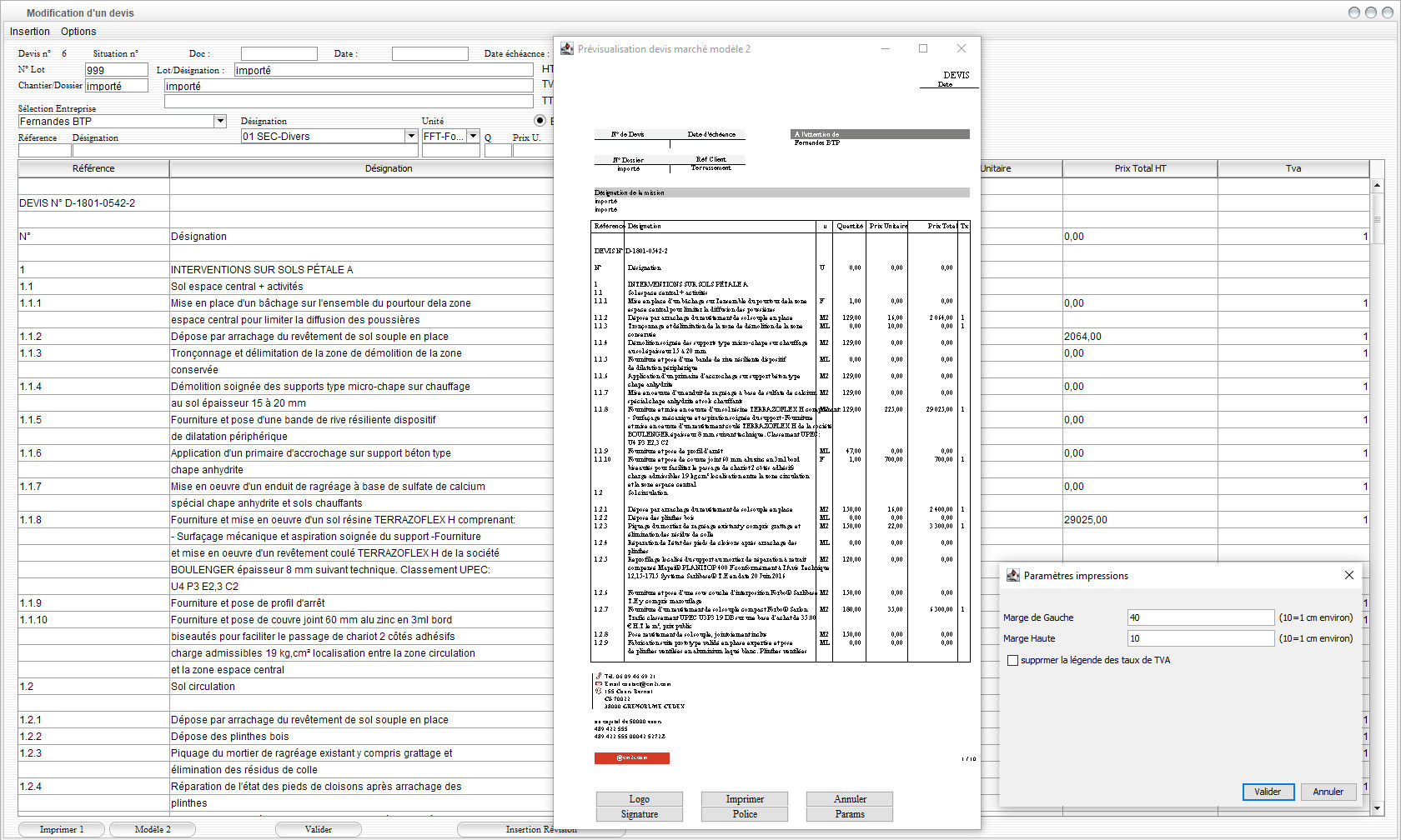Modèle 2 de devis du logiciel de Suivi de Chantier Gescant Mac et PC 17.05