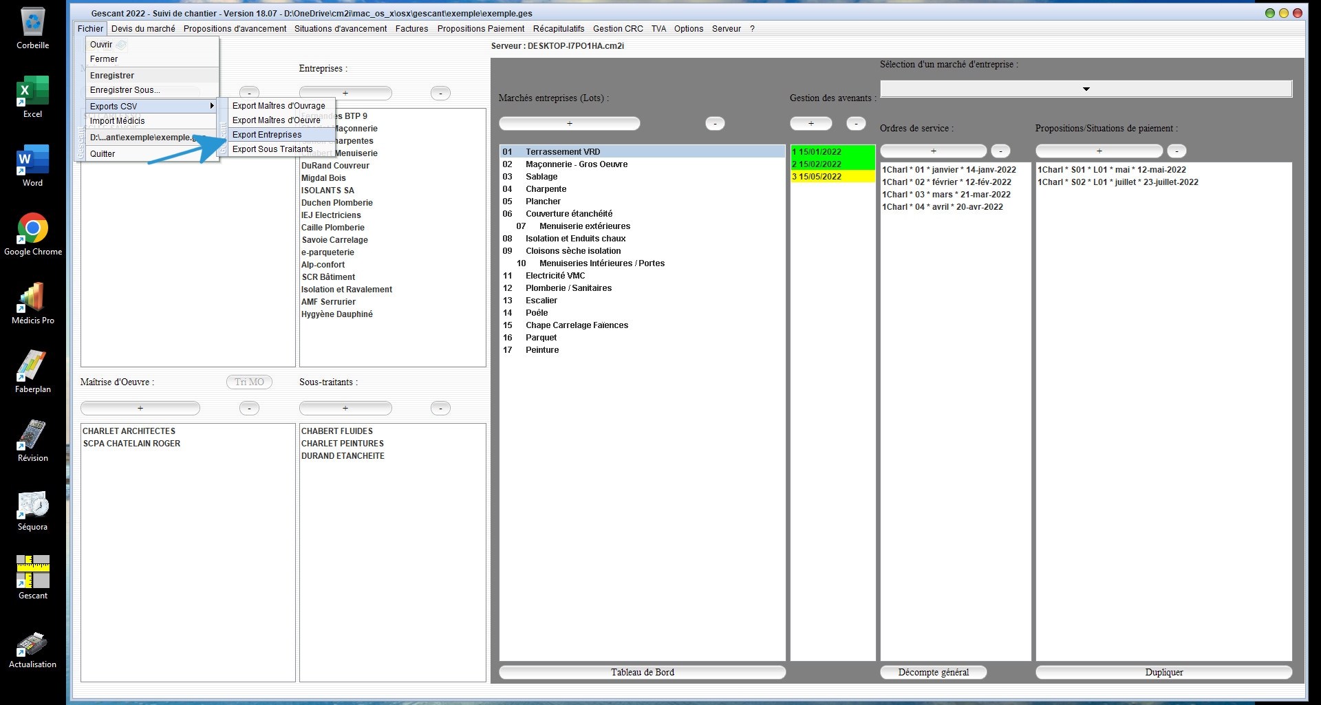 Nouvel export excel csv entreprises du logiciel suivi de chantier Gescant Mac et PC 18.07