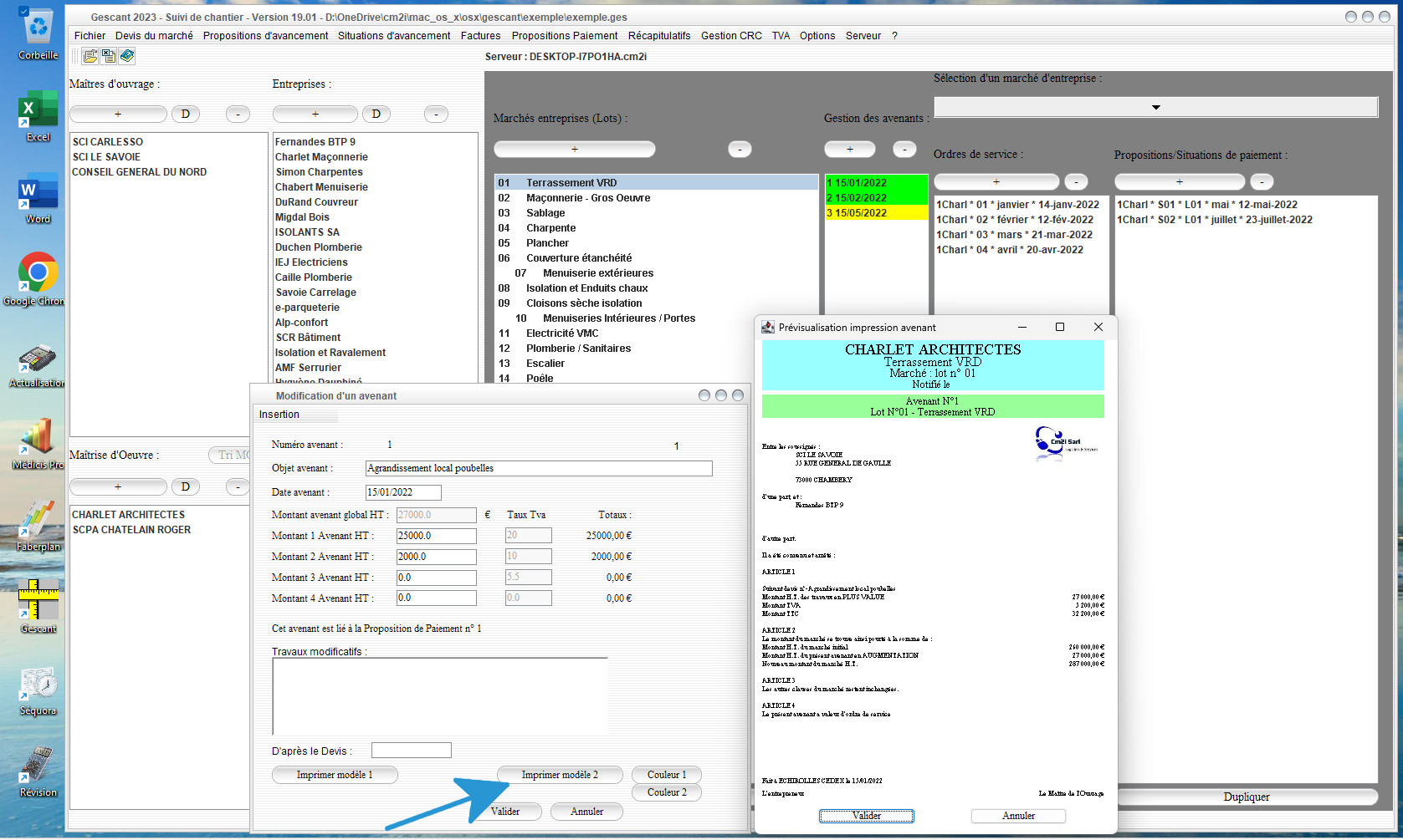 nouveau modèle 2 d'avenant dans le logiciel de suivi de chantier Gescant pour Mac OS X et PC Windows v1901
