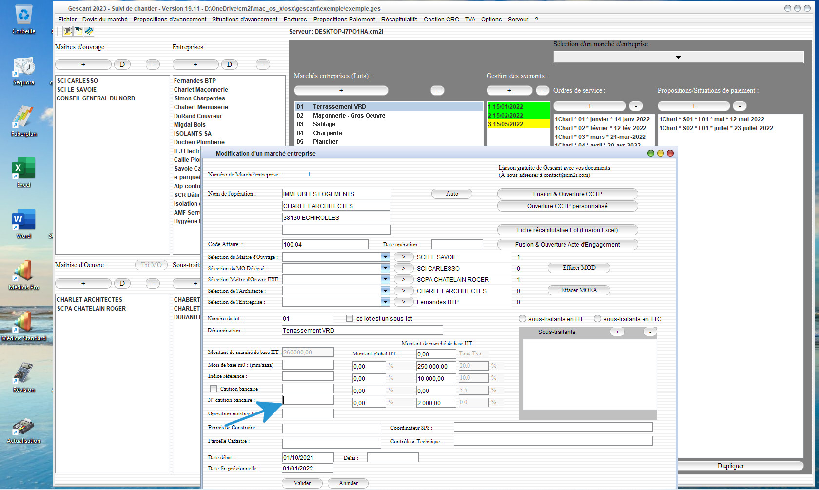 nouvelle gestion du numéro de caution bancaire du logiciel de suivi de chantier Gescant Mac et PC v19.11