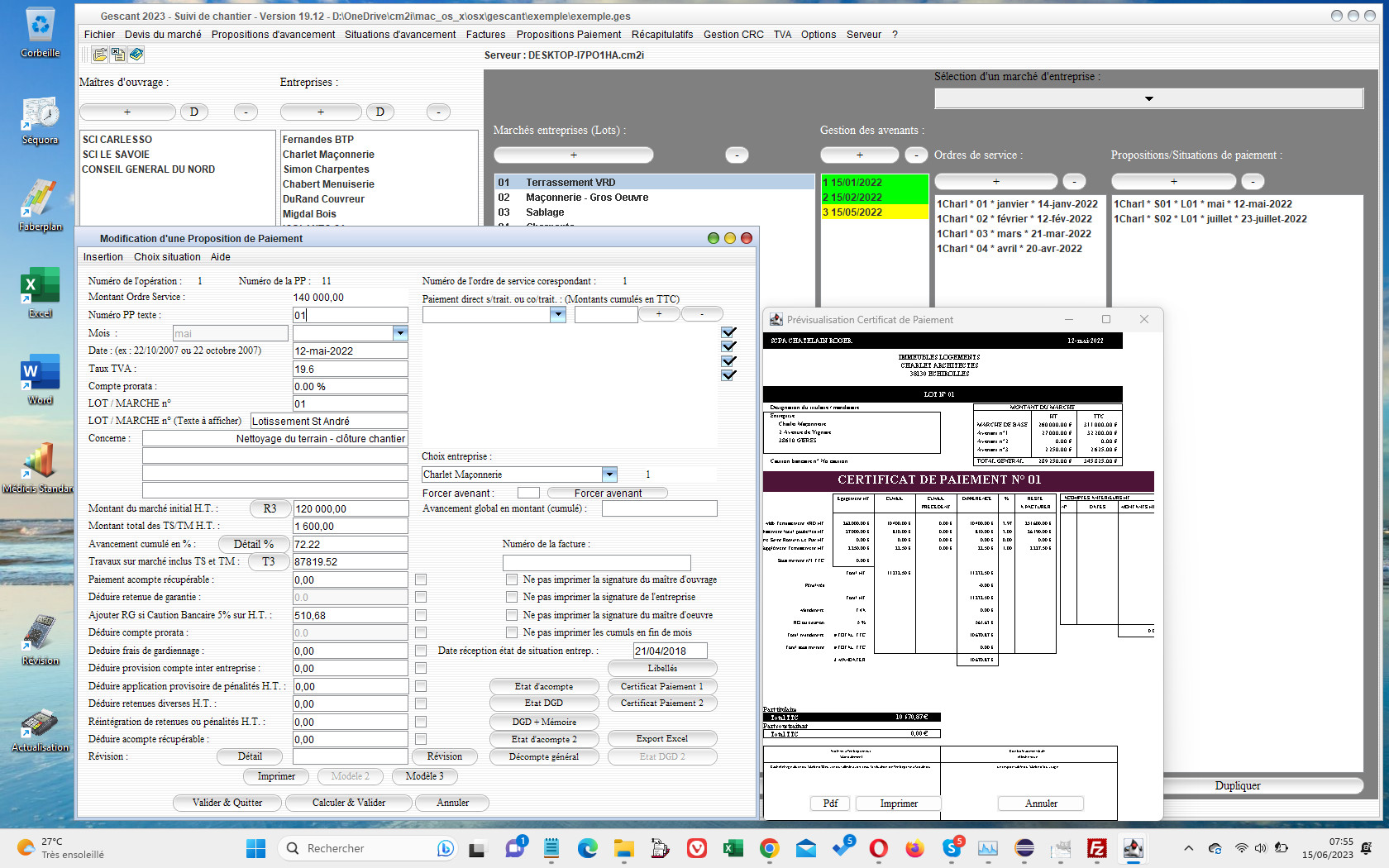 ameliorations du certificat de paiement 2 du logiciel de suivi de chantier Gescant Mac et PC v19.12