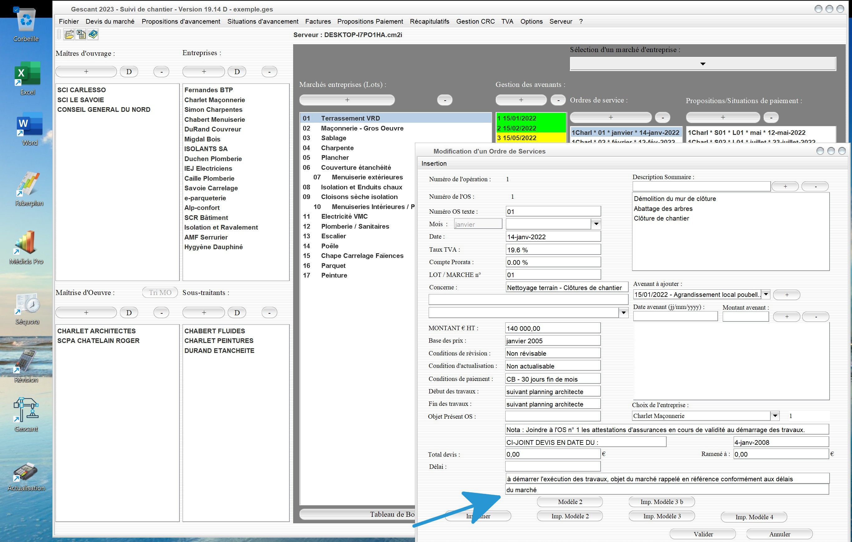 nouveaux champs modifiables dans les ordres de service du logiciel de suivi de chantier Gescant Mac et PC v19.14
