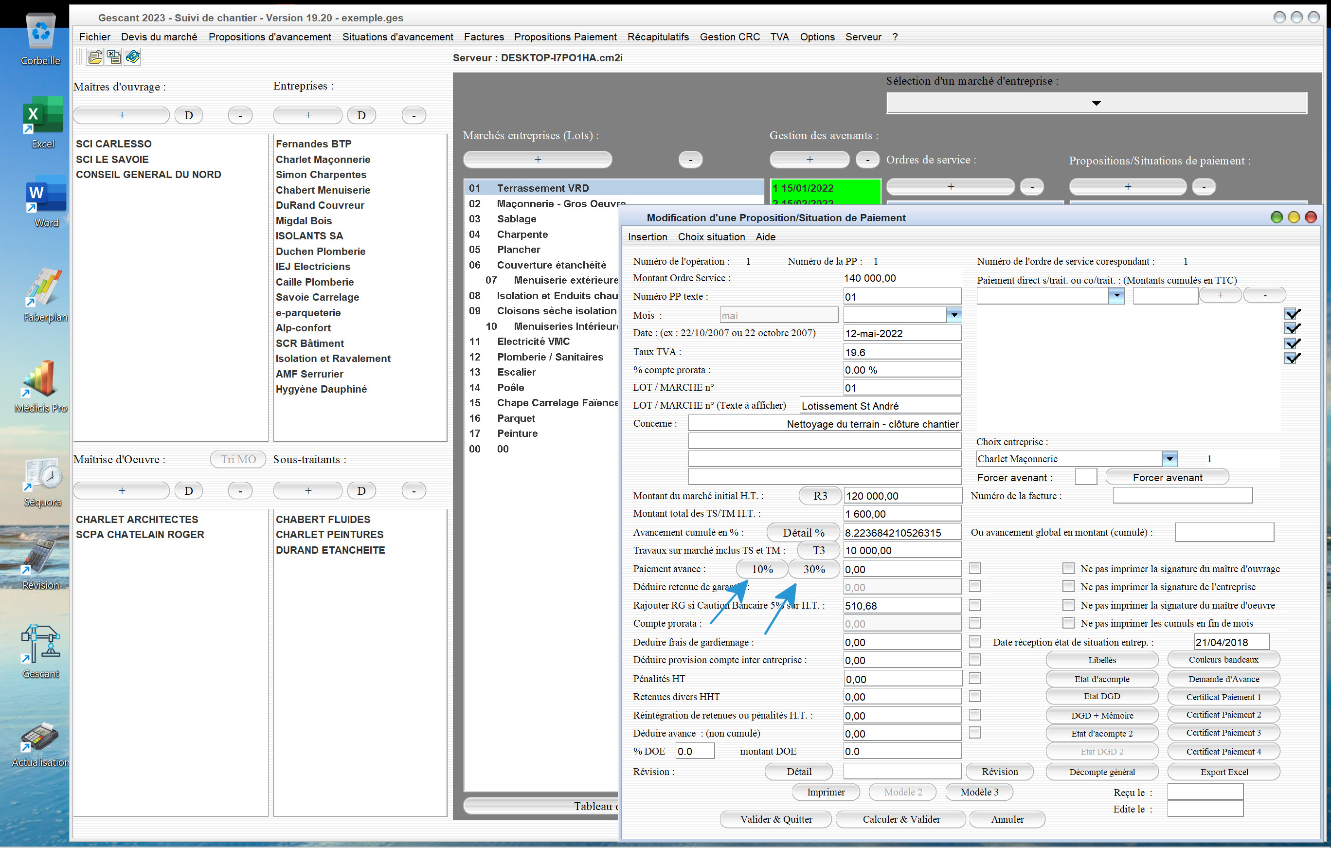  amélioration calcul automatique 10 pour cent et 30 pour cent des avance sur situation dans le logiciel de suivi de chantier Gescant Mac et PC v19.20