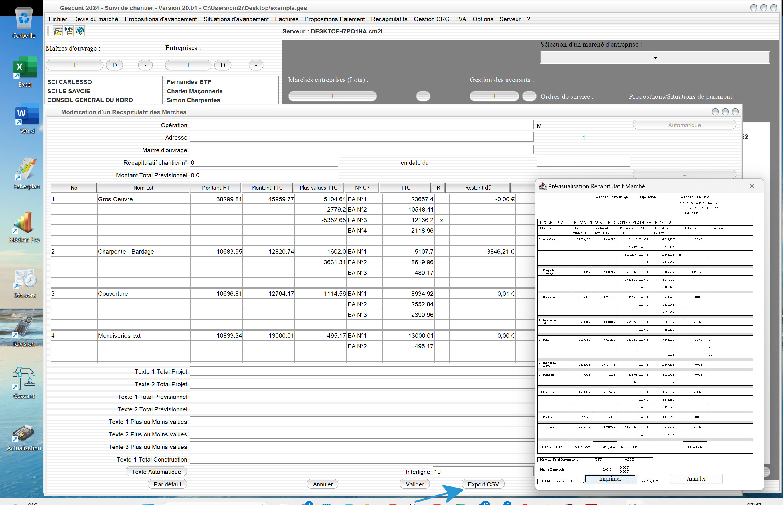 nouvel export Microsoft Excel des récapitulatifs chantiers du logiciel de suivi de Chantier Gescant Mac et PC v20.01