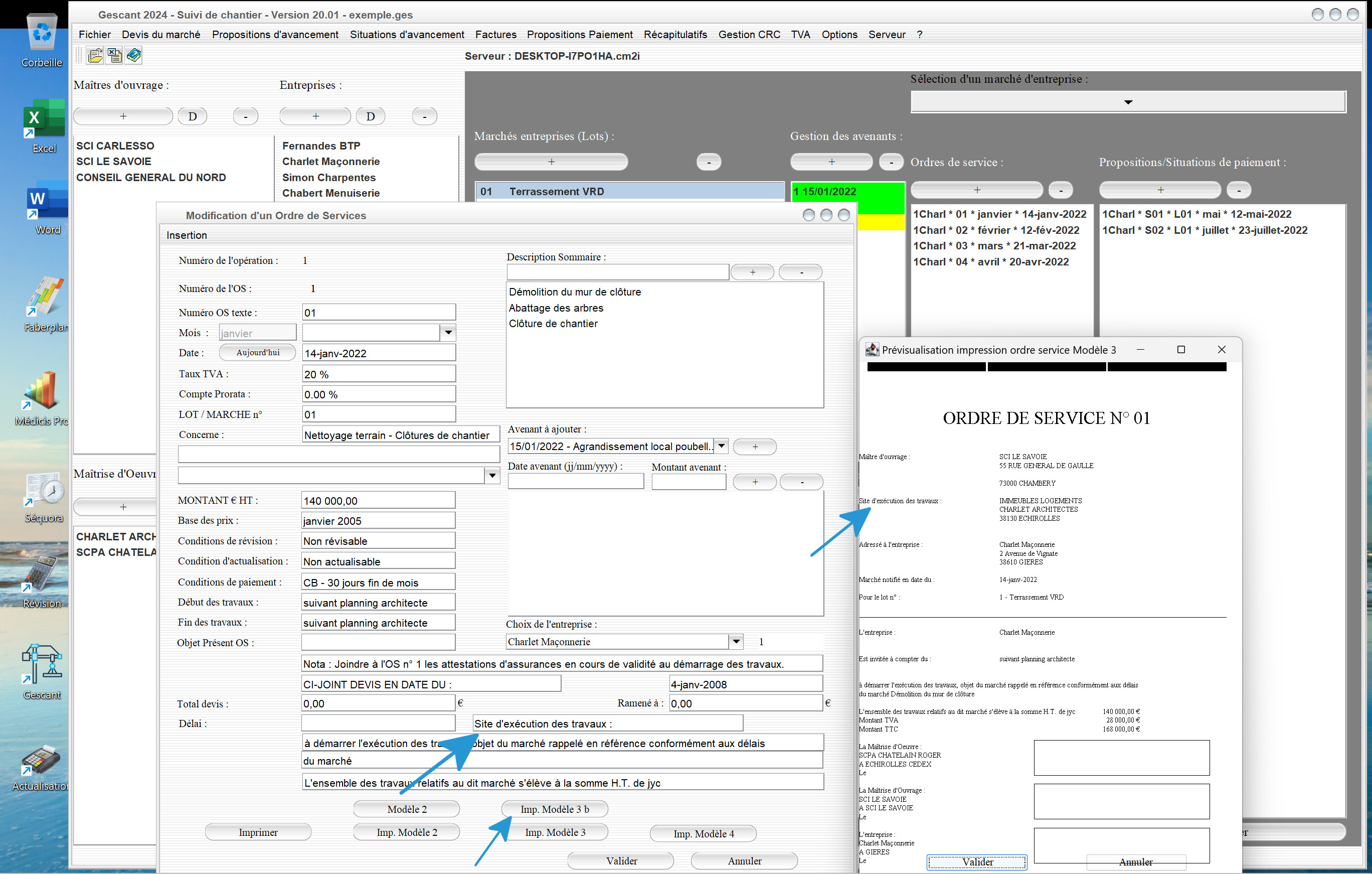 nouvelle possibilité modification libellé modèle 3b d'ordre de service du logiciel de suivi de chantier Gescant Mac et PC v20.01