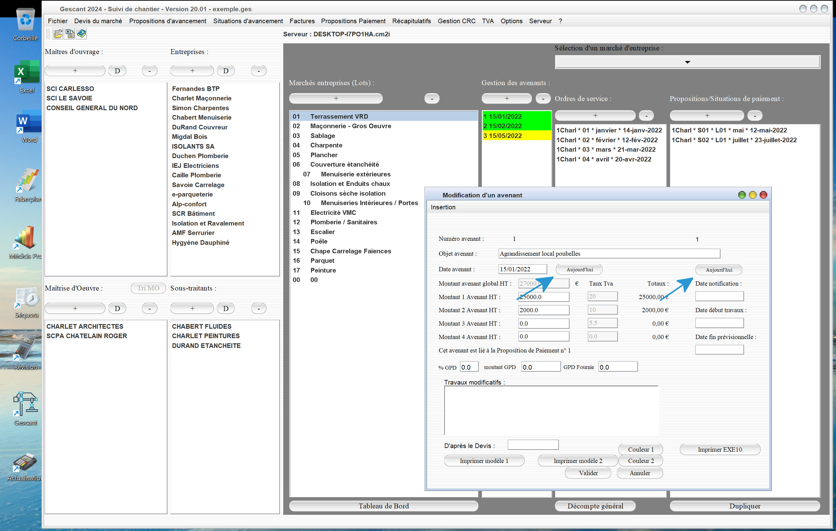 nouvelles dates automatiques dans la gestion des avenants du logiciel de suivi de chantier Gescant Mac et PC v20.01