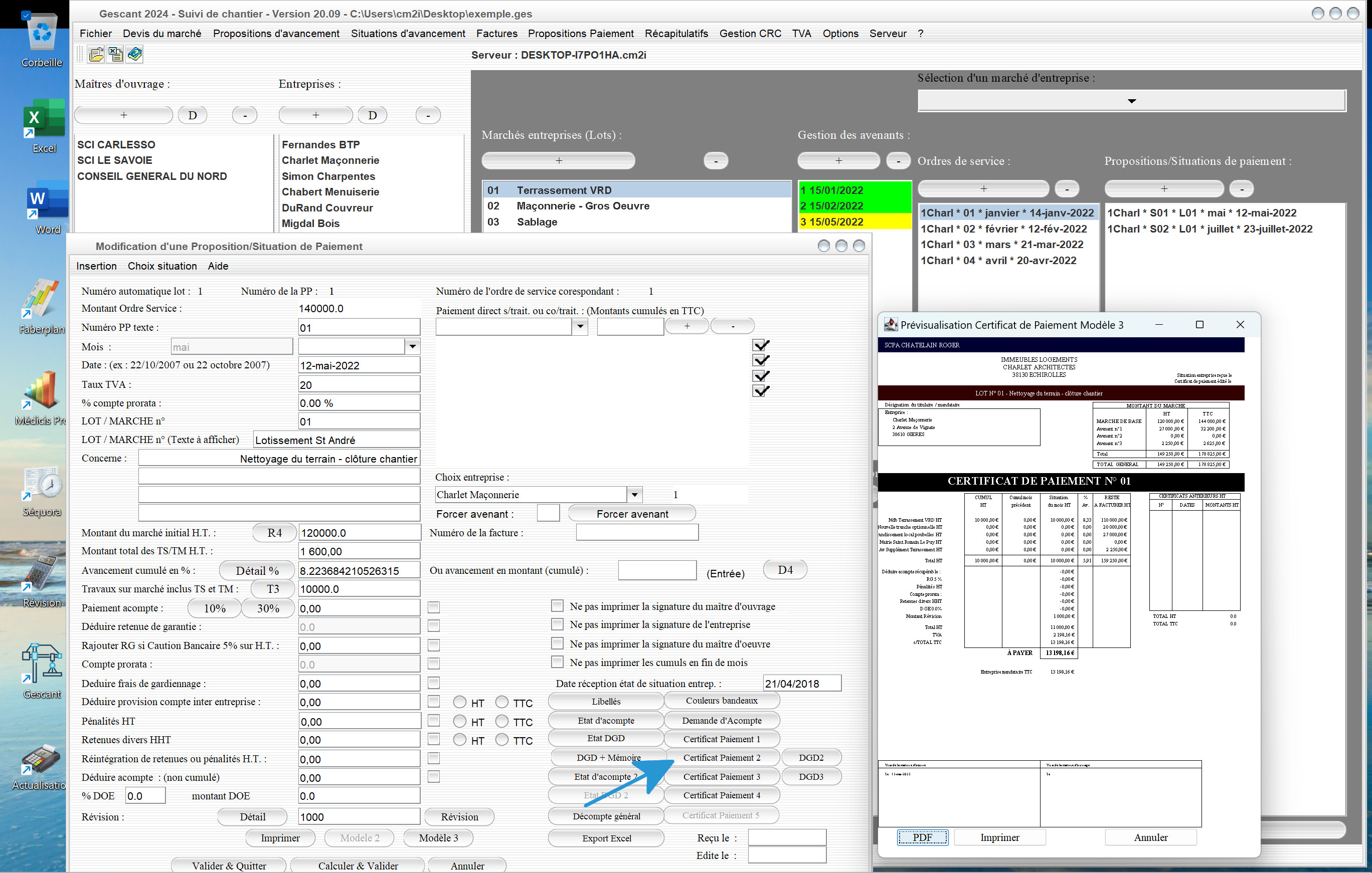 amélioration de la gestion multi-taux TVA des certificats de paiement du logiciel suivi de chantier Gescant Mac et PC v20.09