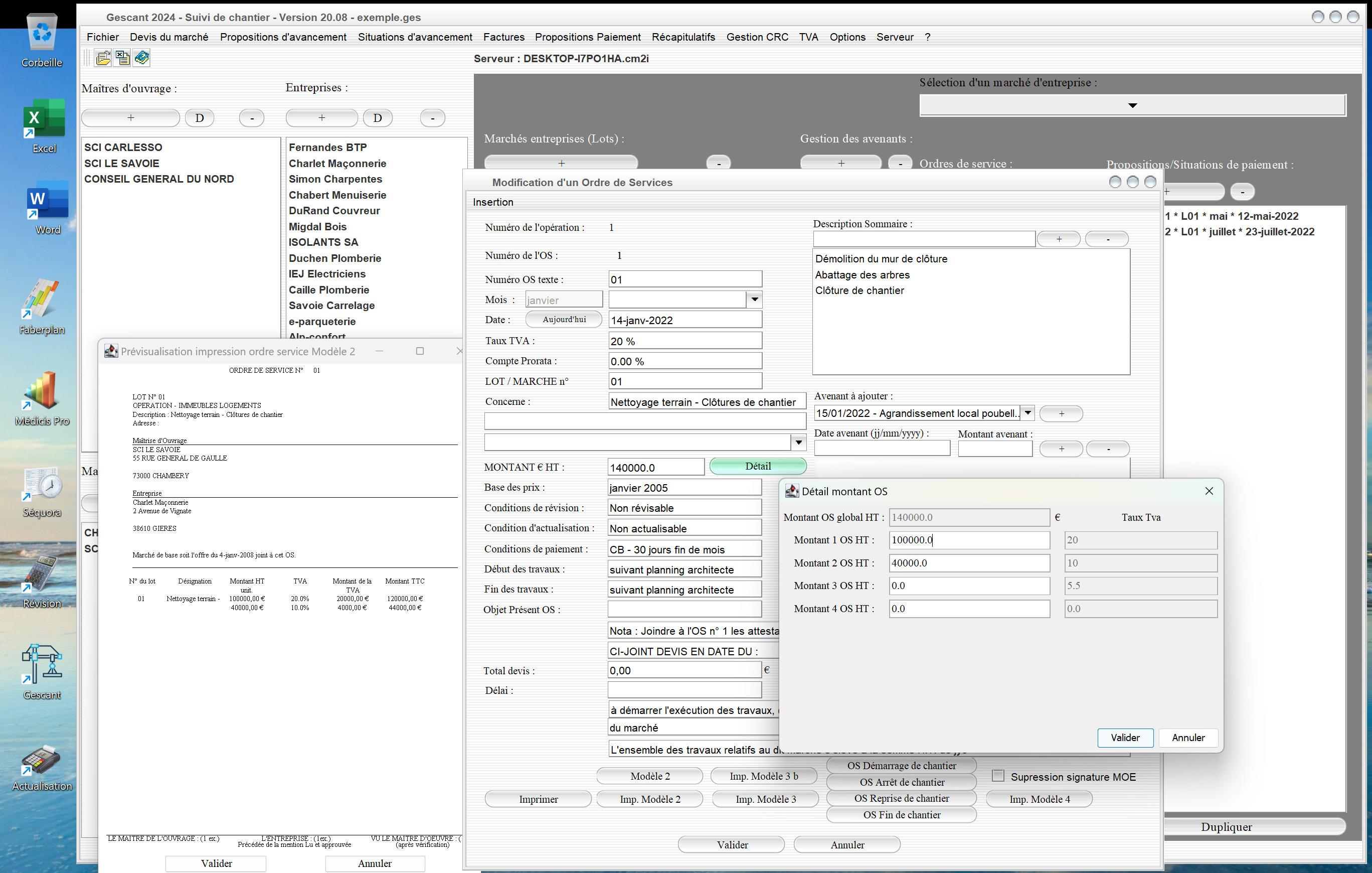 nouveaux multi-taux de tva du modèle 2 d'ordre de service du logiciel de suivi de chantier Gescant Mac et PC v20.08