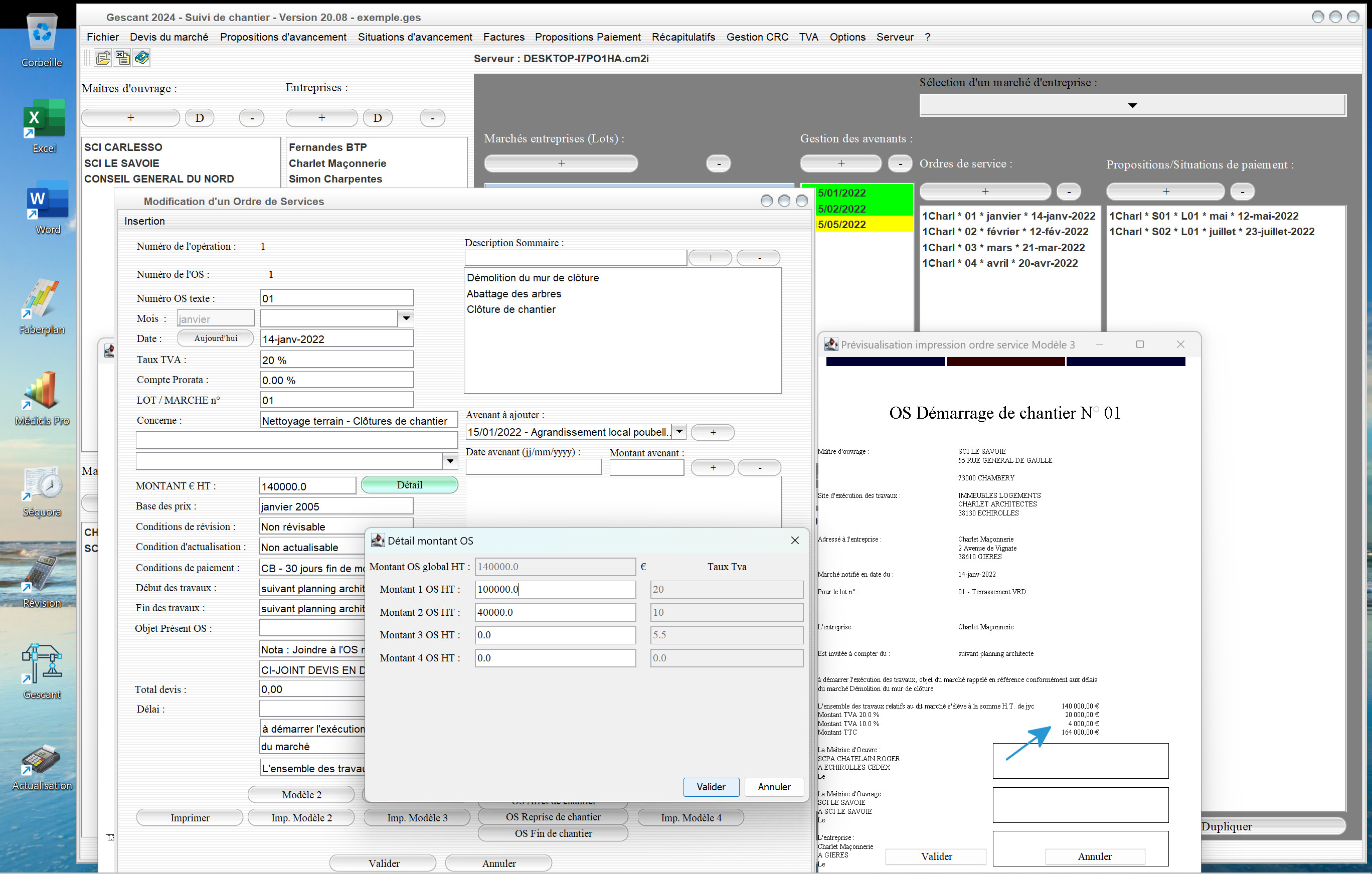 nouvelle gestion multi taux tva sur modèle 3b d'ordre de service du logiciel de suivi de chantier Gescant Mac et PC v20.08