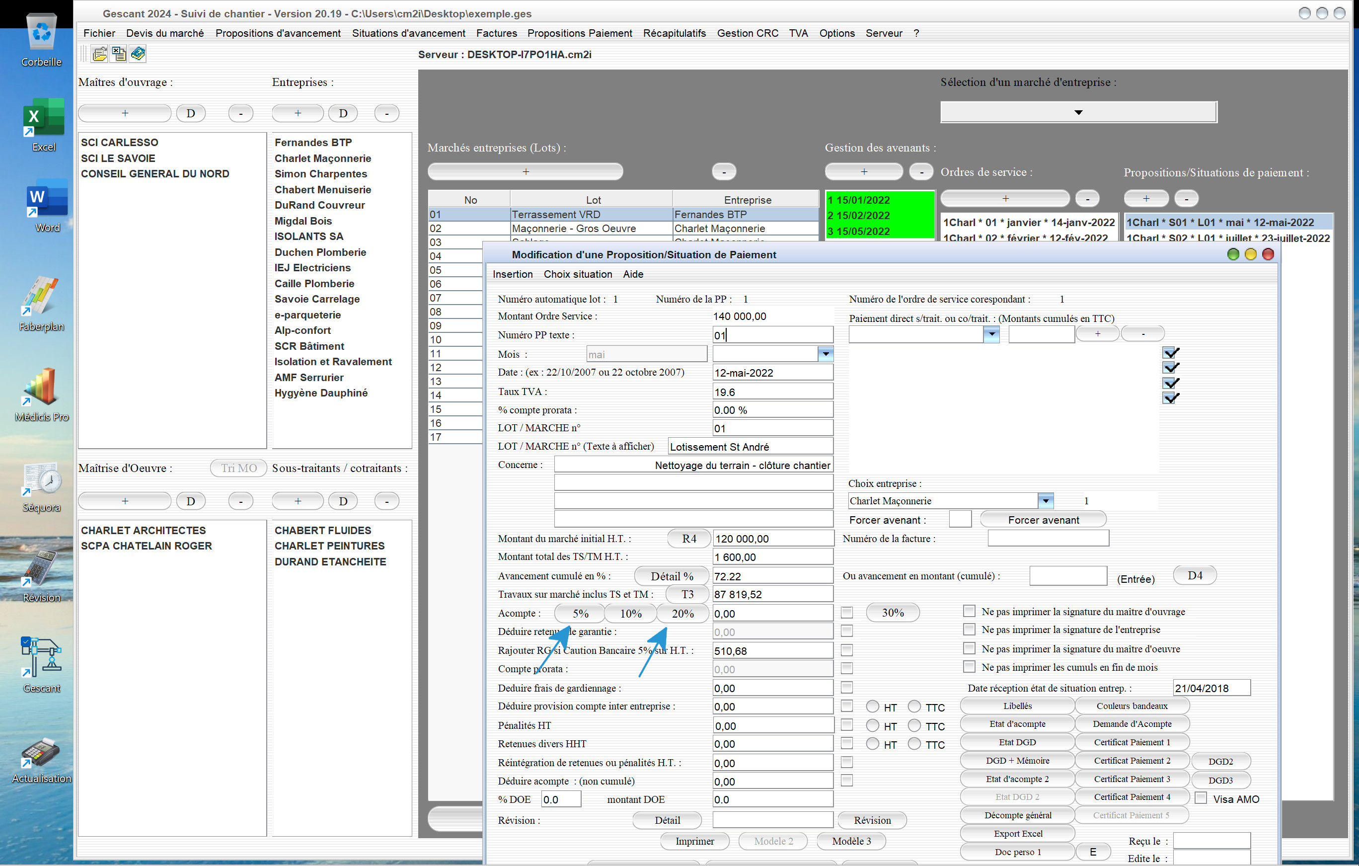 nouveaux boutons d'avance 5 % et 10 % sur les situations du logiciel de suivi de chantier Gescant Mac et PC v20.19