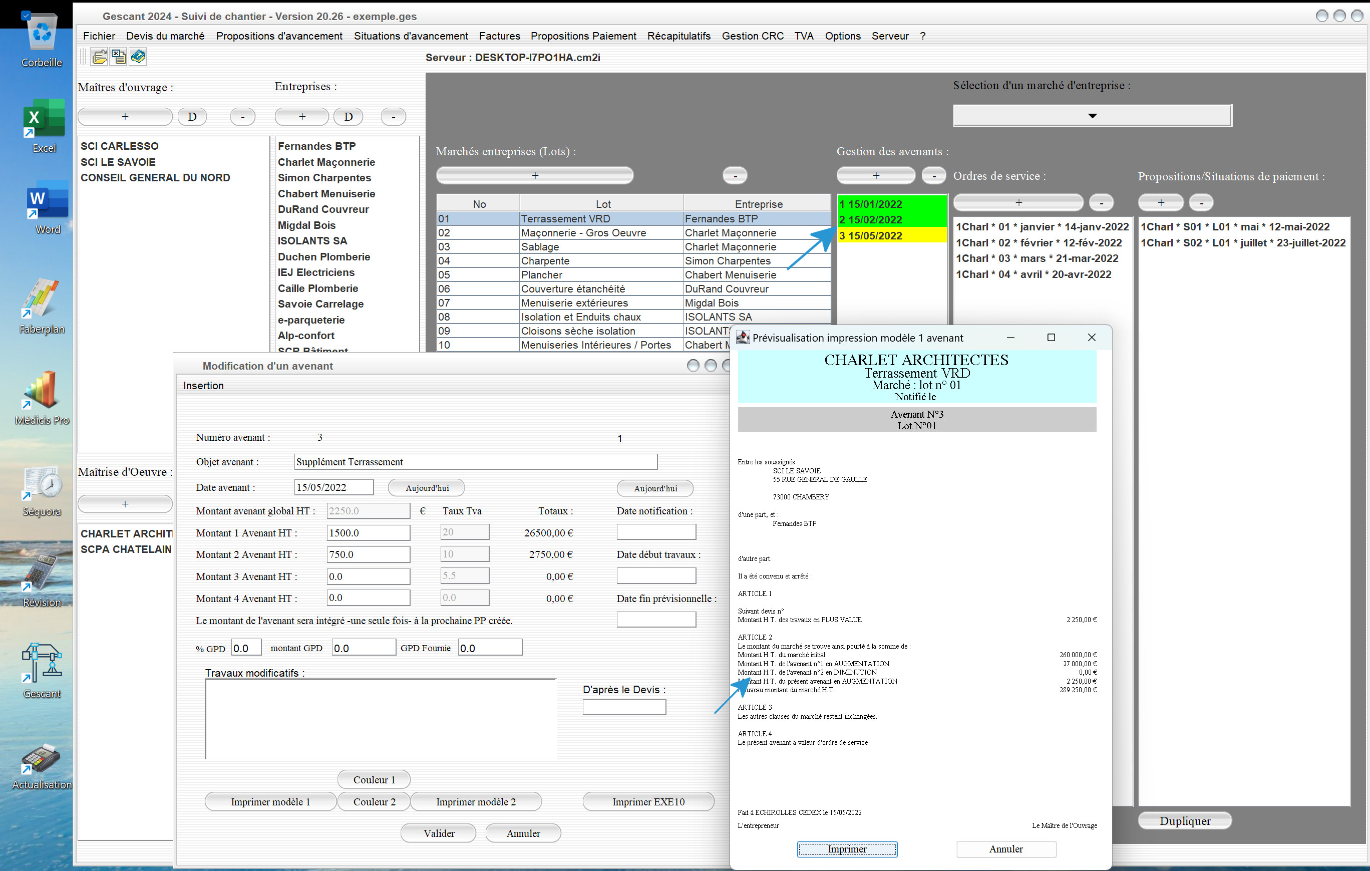 amélioration de la gestion des avenants antérieurs sur les modèle 1 et 2 d'avenant du logiciel de suivi de chantier Gescant Mac et PC v20.26