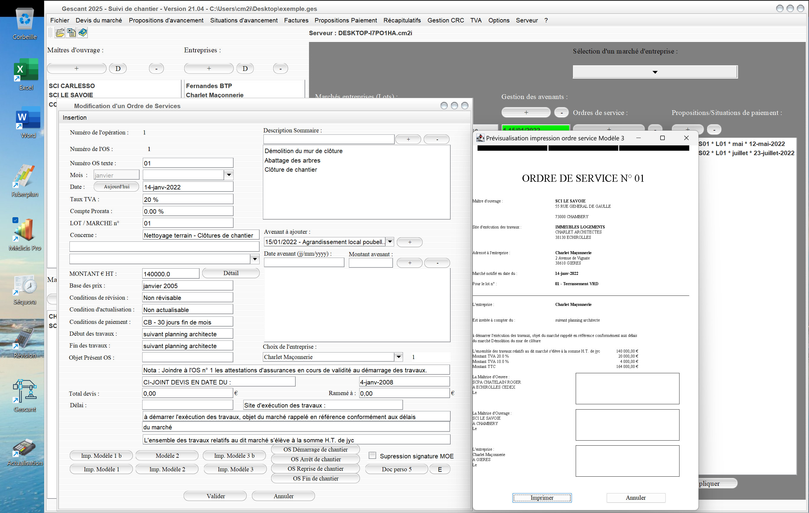 amélioration de l'aperçu avant impression de 5 modèles d'ordres de service du logiciel de suivi de chantier Gescant 2025 Mac et PC v21.04