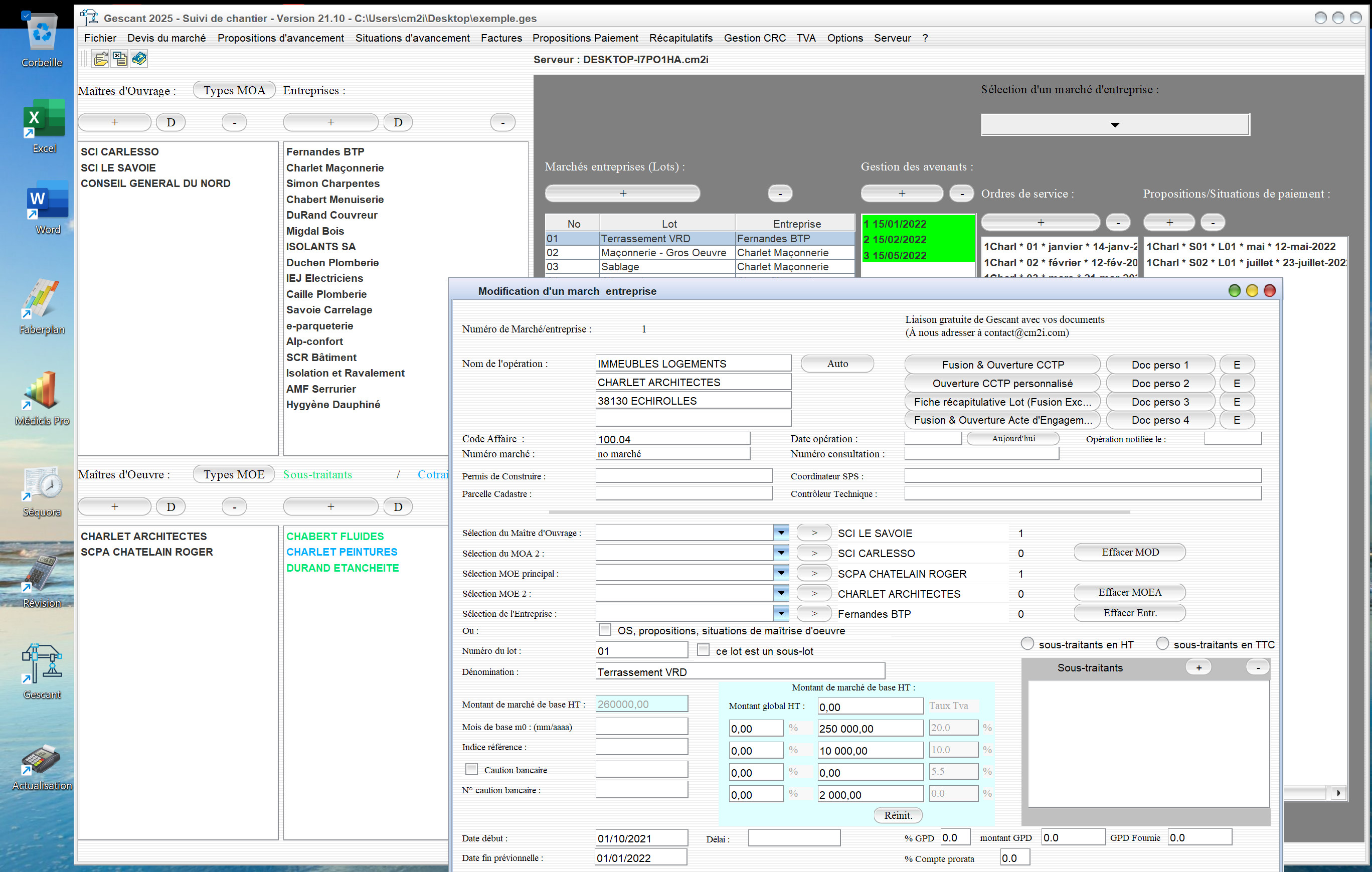 Capture du logiciel Gescant Mac et PC version 21.10 illustrant l’amélioration de l’édition des lots du marché pour le suivi de chantier en maîtrise d’œuvre