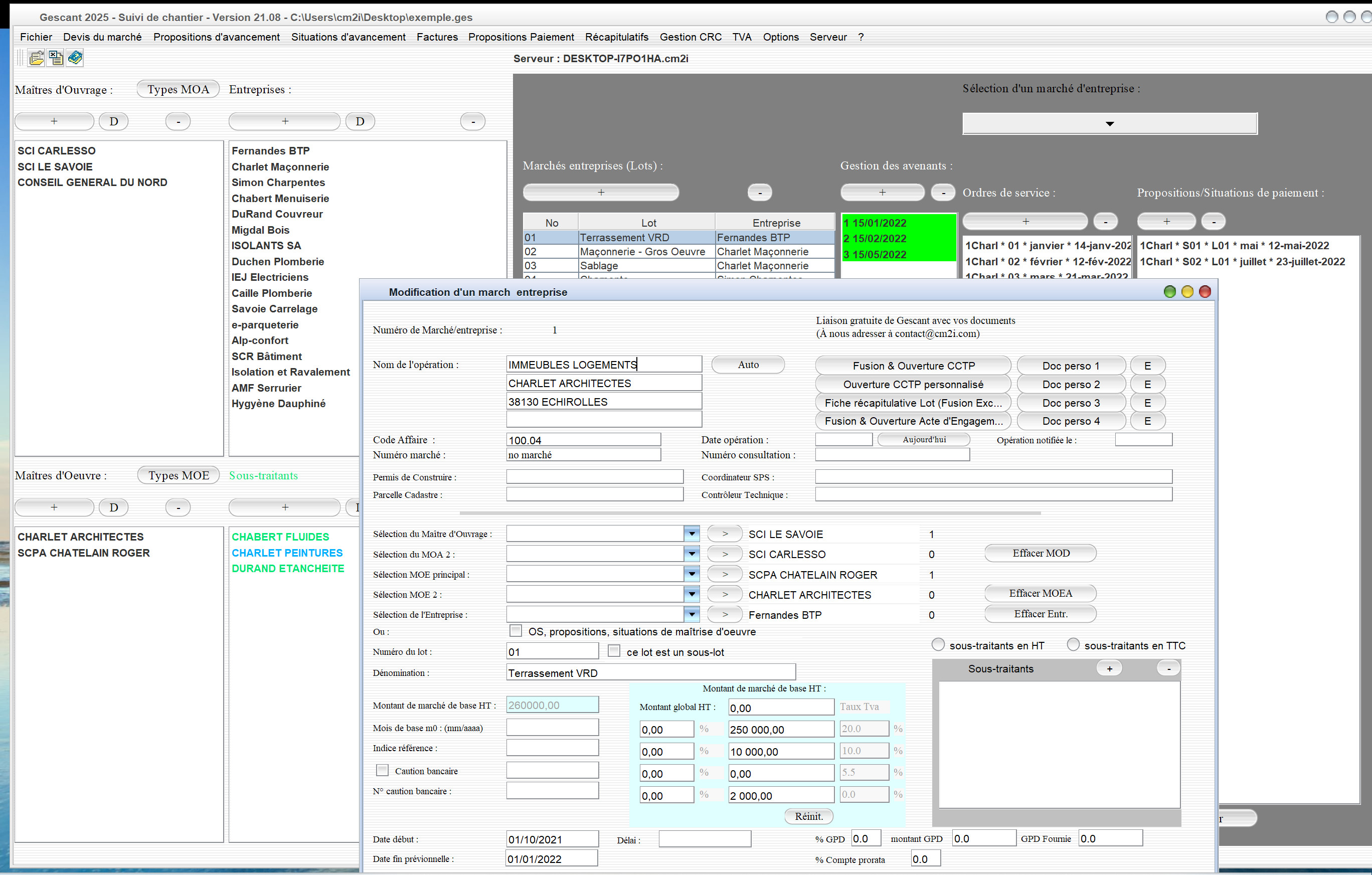 Capture du logiciel Gescant Mac et PC version 21.07 illustrant l’amélioration de la gestion multi-TVA des lots pour le suivi de chantier en maîtrise d’œuvre
