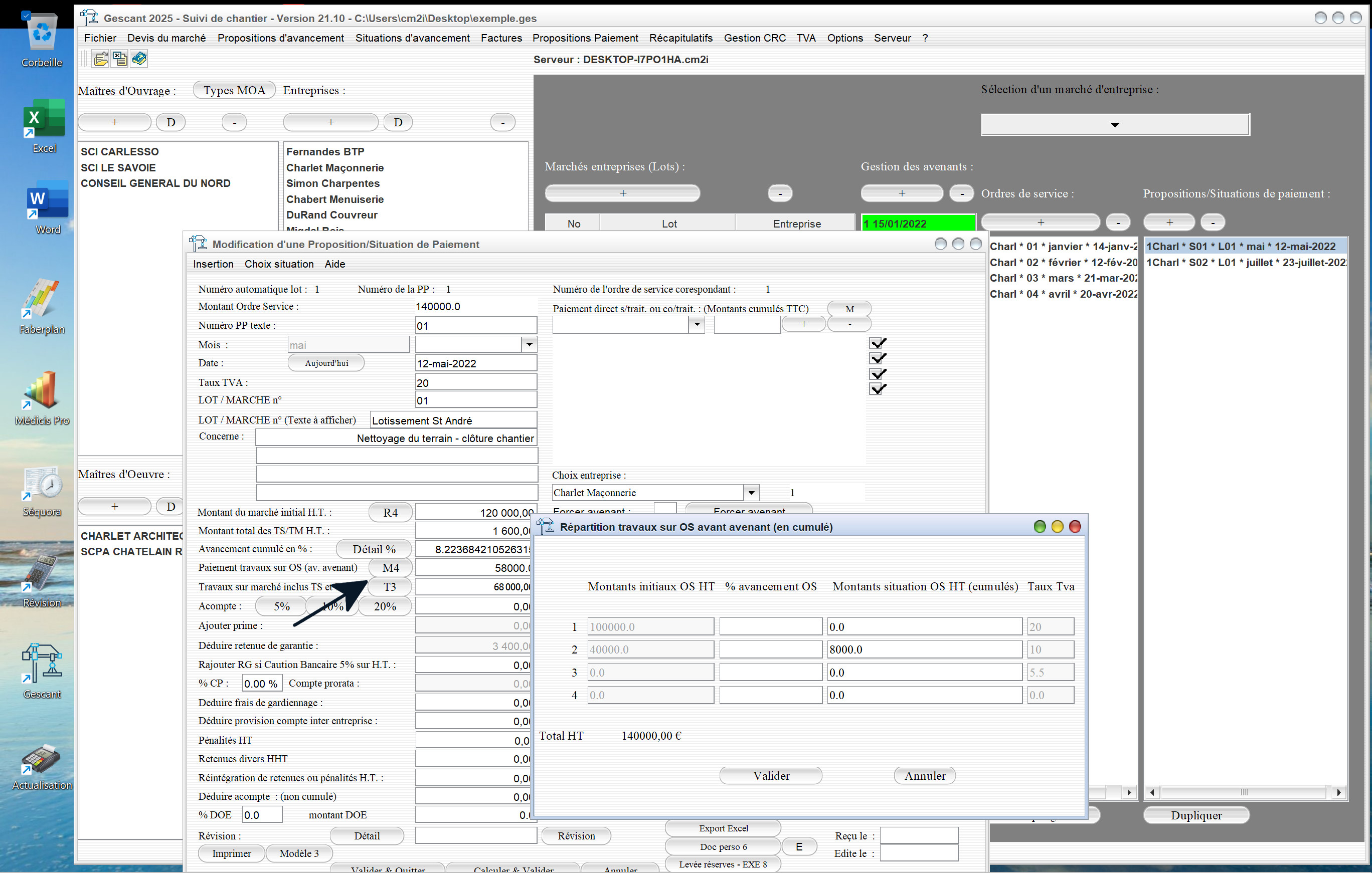 Capture du logiciel Gescant Mac et PC version 21.10 illustrant l’amélioration de la gestion des paiements sur ordres de service sans avenant pour le suivi de chantier en maîtrise d’œuvre
