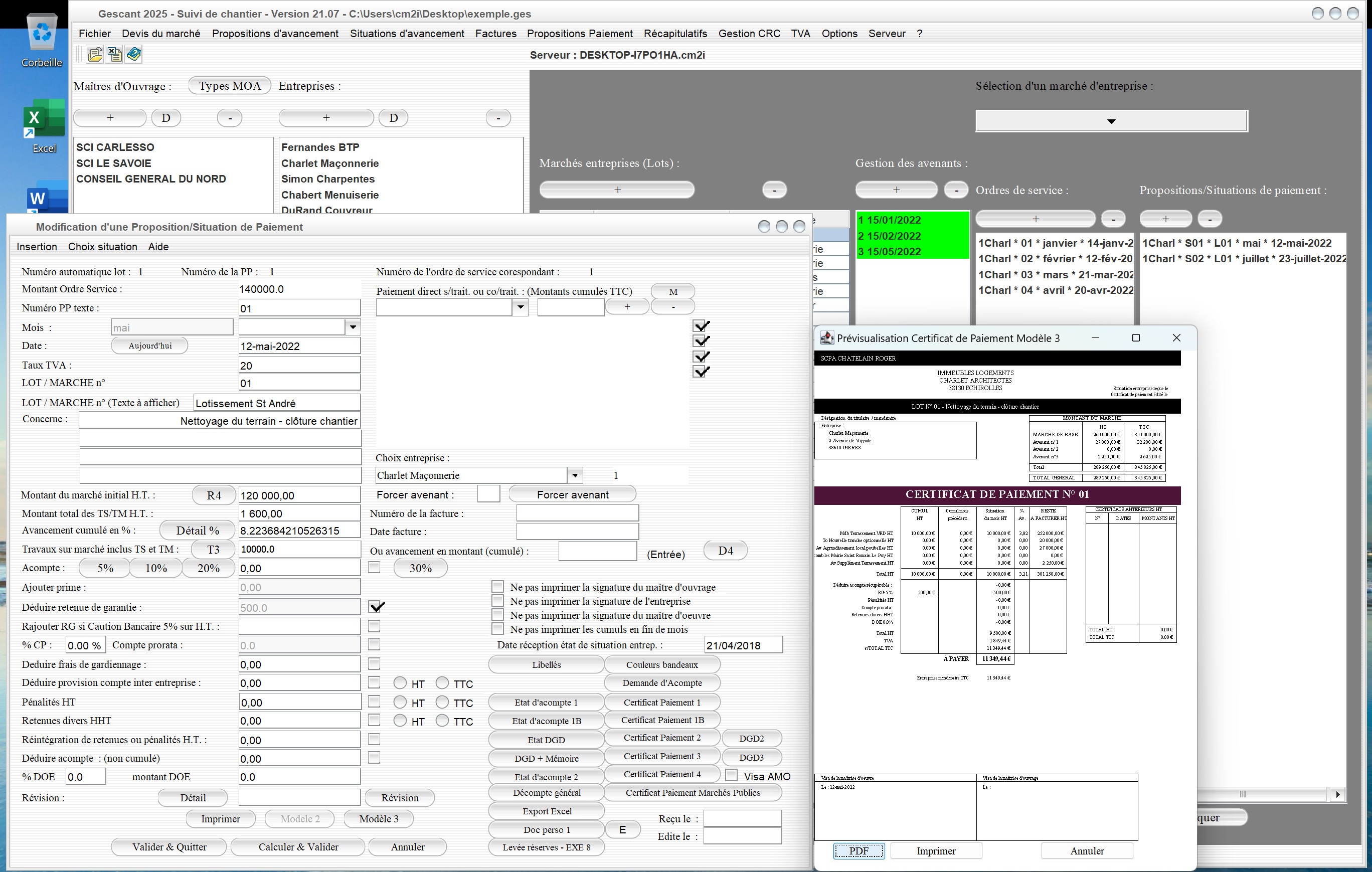 Capture du logiciel Gescant Mac et PC version 21.07 montrant l’amélioration du modèle 3 du certificat de paiement pour le suivi de chantier en maîtrise d’œuvre