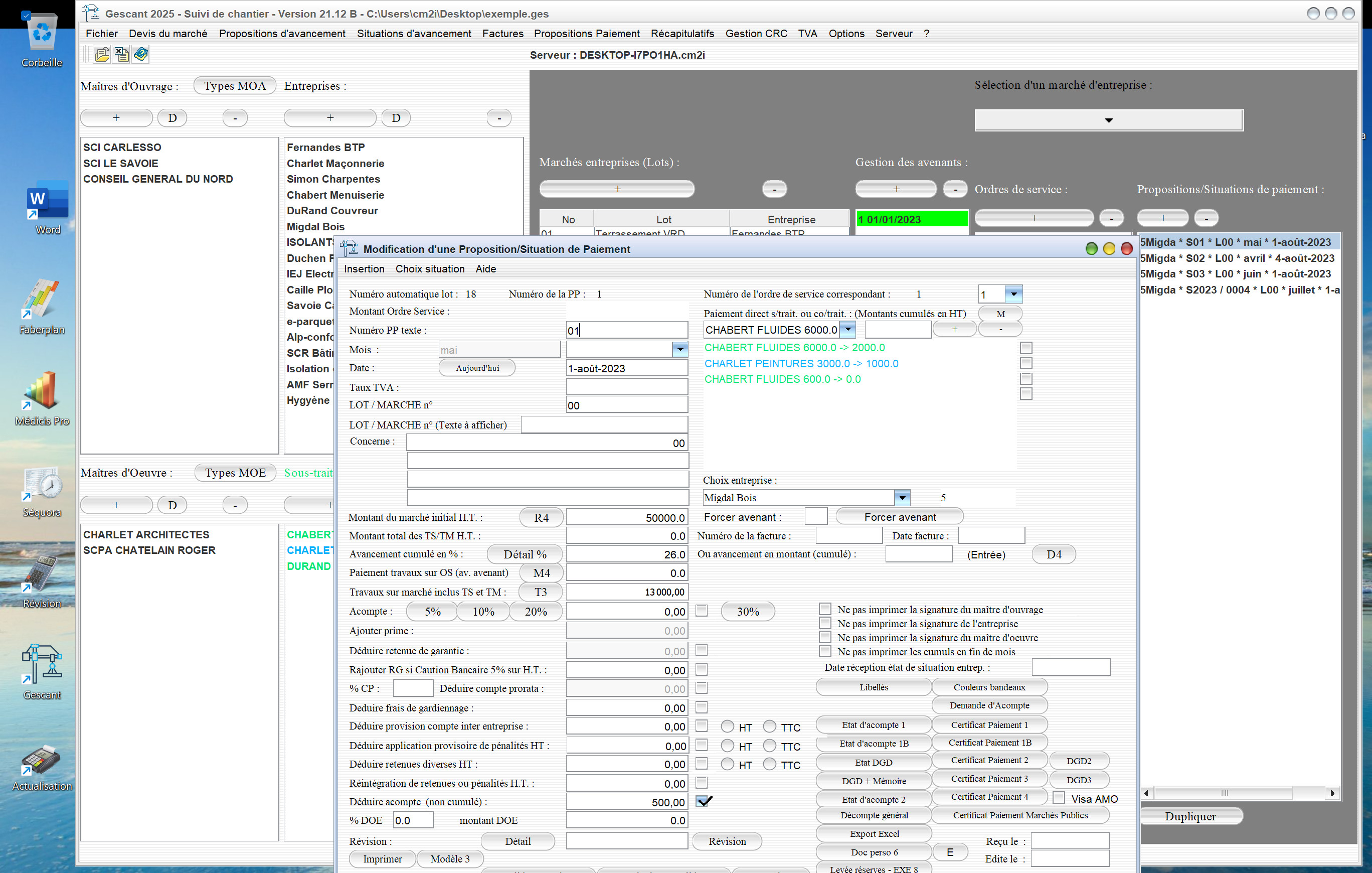Capture du logiciel Gescant Mac et PC version 21.12 montrant l’amélioration de l’autoliquidation de la TVA pour les sous-traitants dans le suivi de chantier en maîtrise d’œuvre