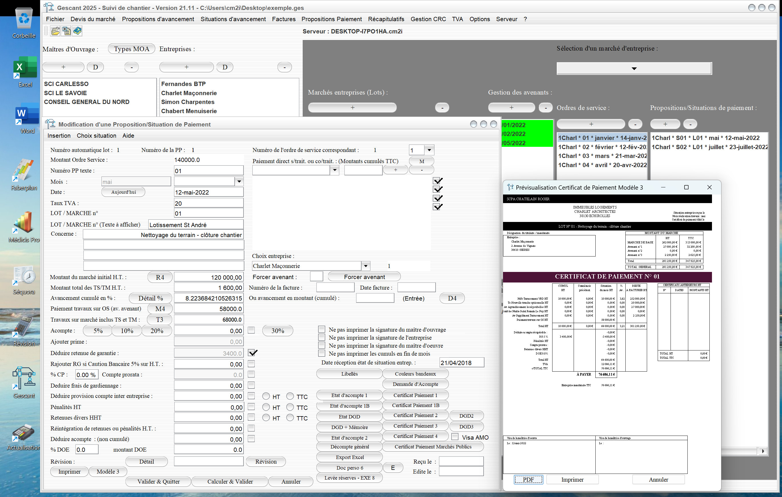 Capture du logiciel Gescant Mac et PC version 21.11 illustrant l’amélioration de la gestion multi-TVA dans le certificat de paiement modèle 3 pour le suivi de chantier en maîtrise d’œuvre