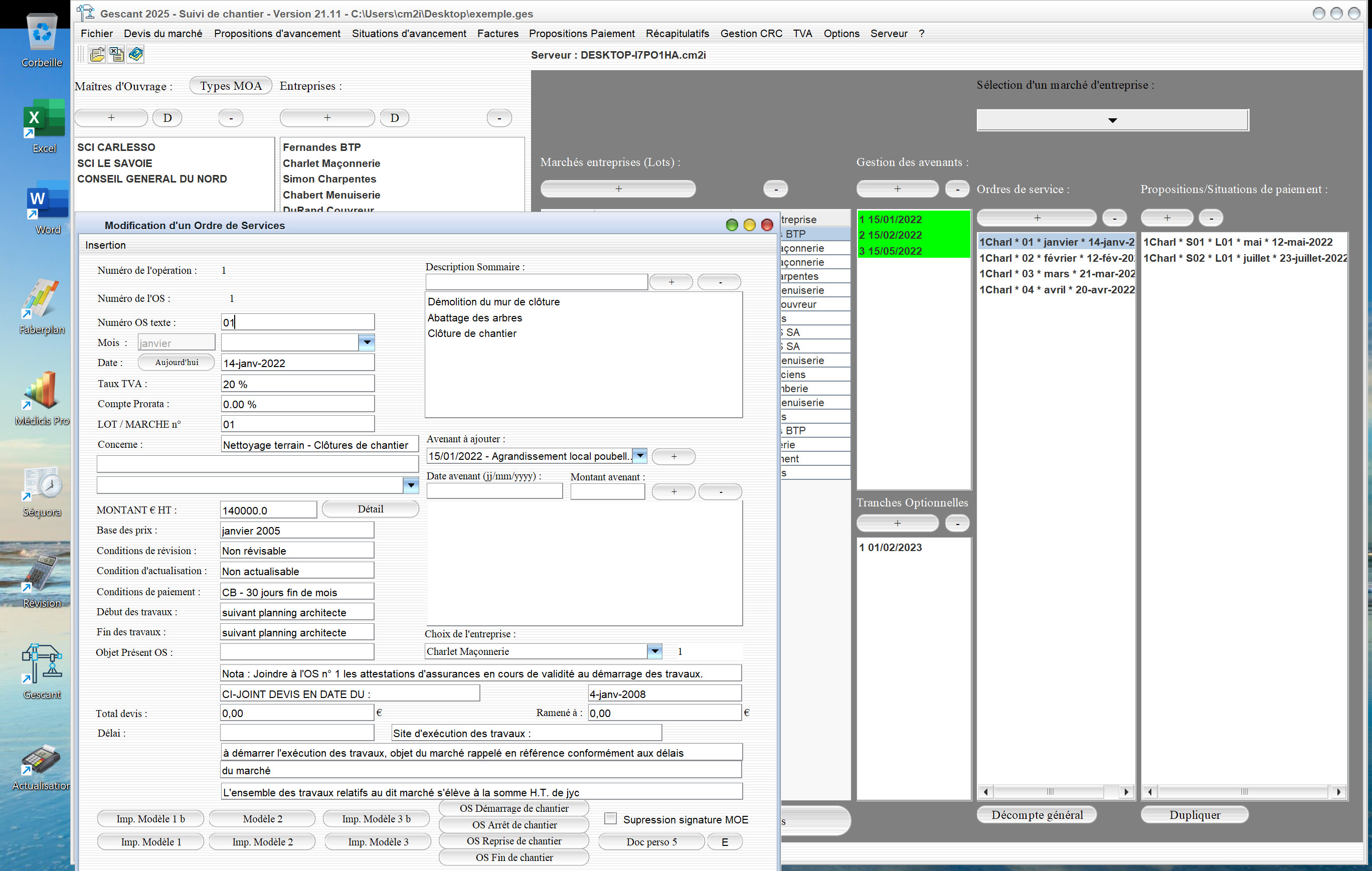Capture du logiciel Gescant Mac et PC version 21.11 illustrant l’amélioration de la gestion des ordres de service pour le suivi de chantier en maîtrise d’œuvre