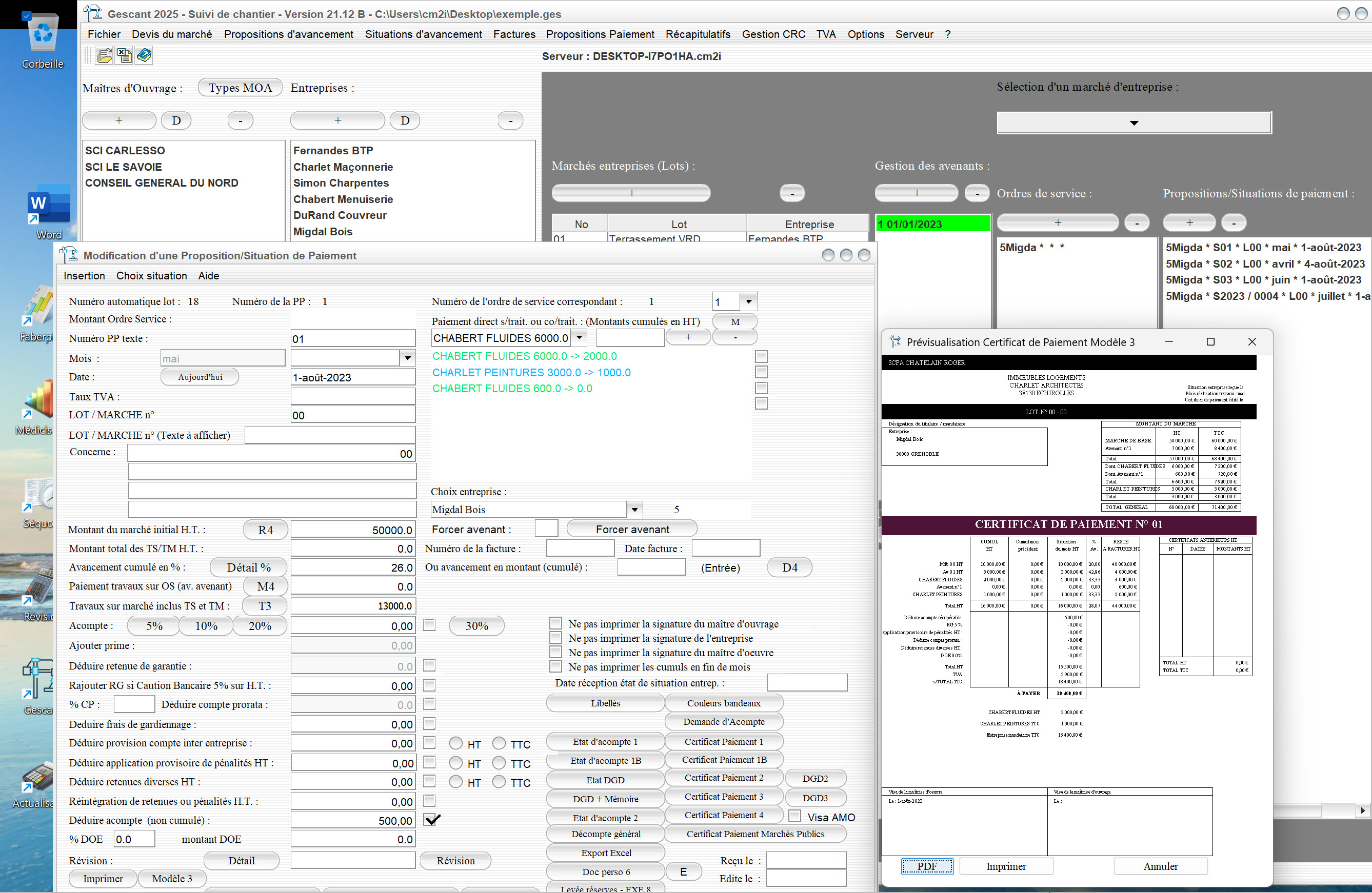 Capture du logiciel Gescant Mac et PC version 21.12 montrant l’amélioration du modèle 3 de certificat de paiement pour le suivi de chantier en maîtrise d’œuvre