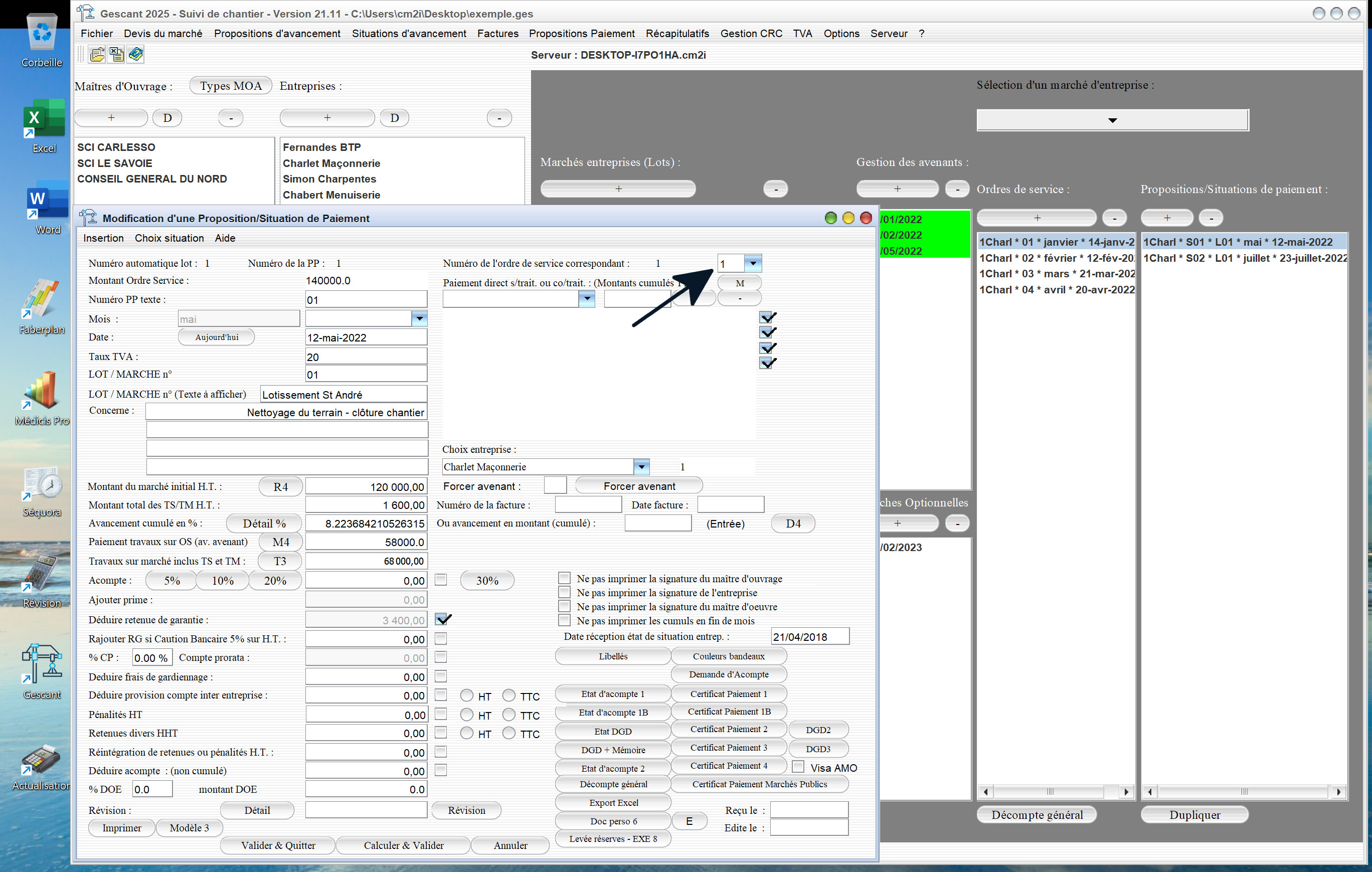 Capture du logiciel Gescant Mac et PC version 21.11 montrant la nouvelle sélection de l’ordre de service dans les situations pour le suivi de chantier en maîtrise d’œuvre