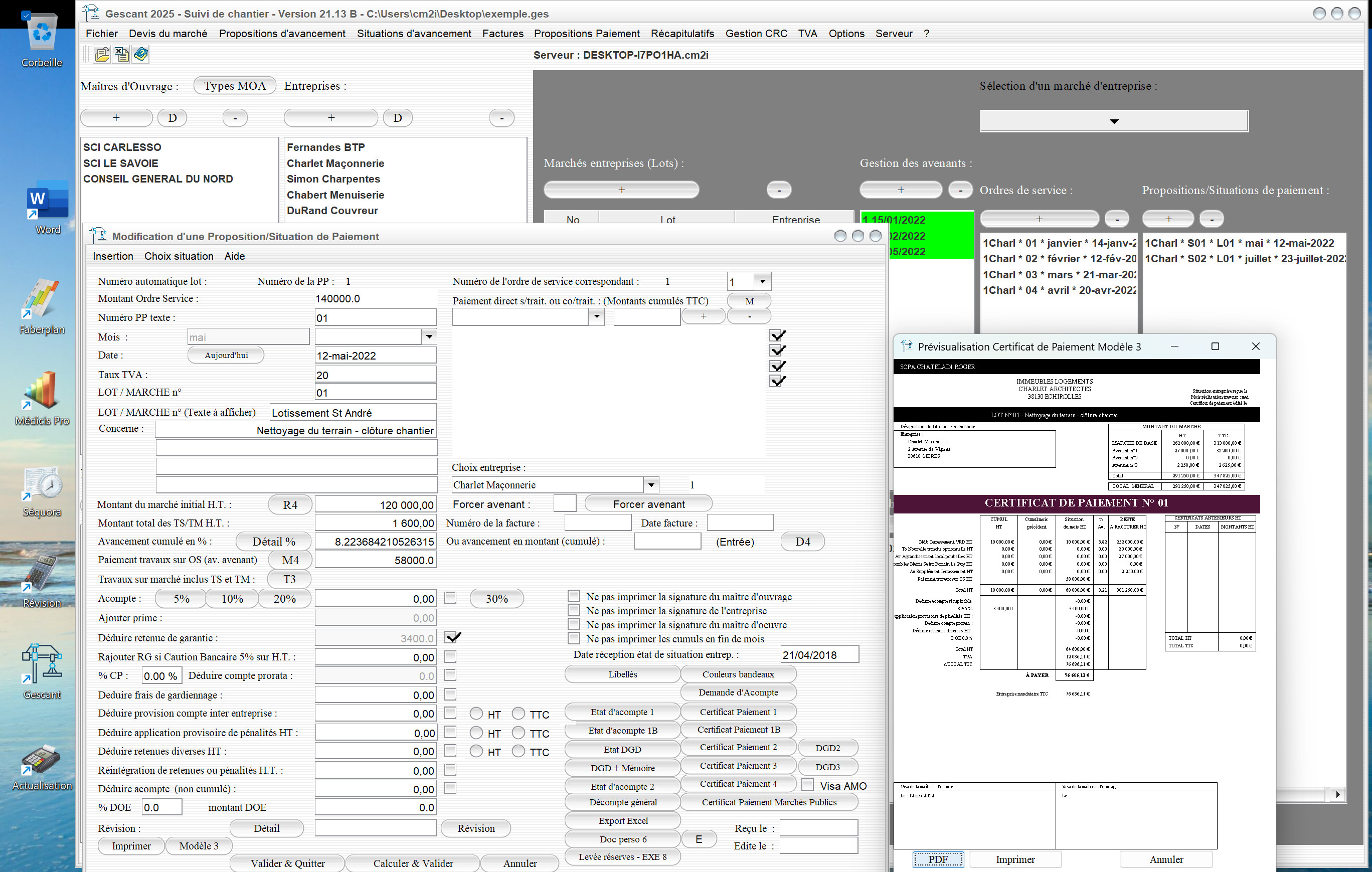 Capture du logiciel Gescant Mac et PC version 21.13 montrant l’amélioration du modèle de certificat de paiement 3 dans les situations pour le suivi de chantier en maîtrise d’œuvre