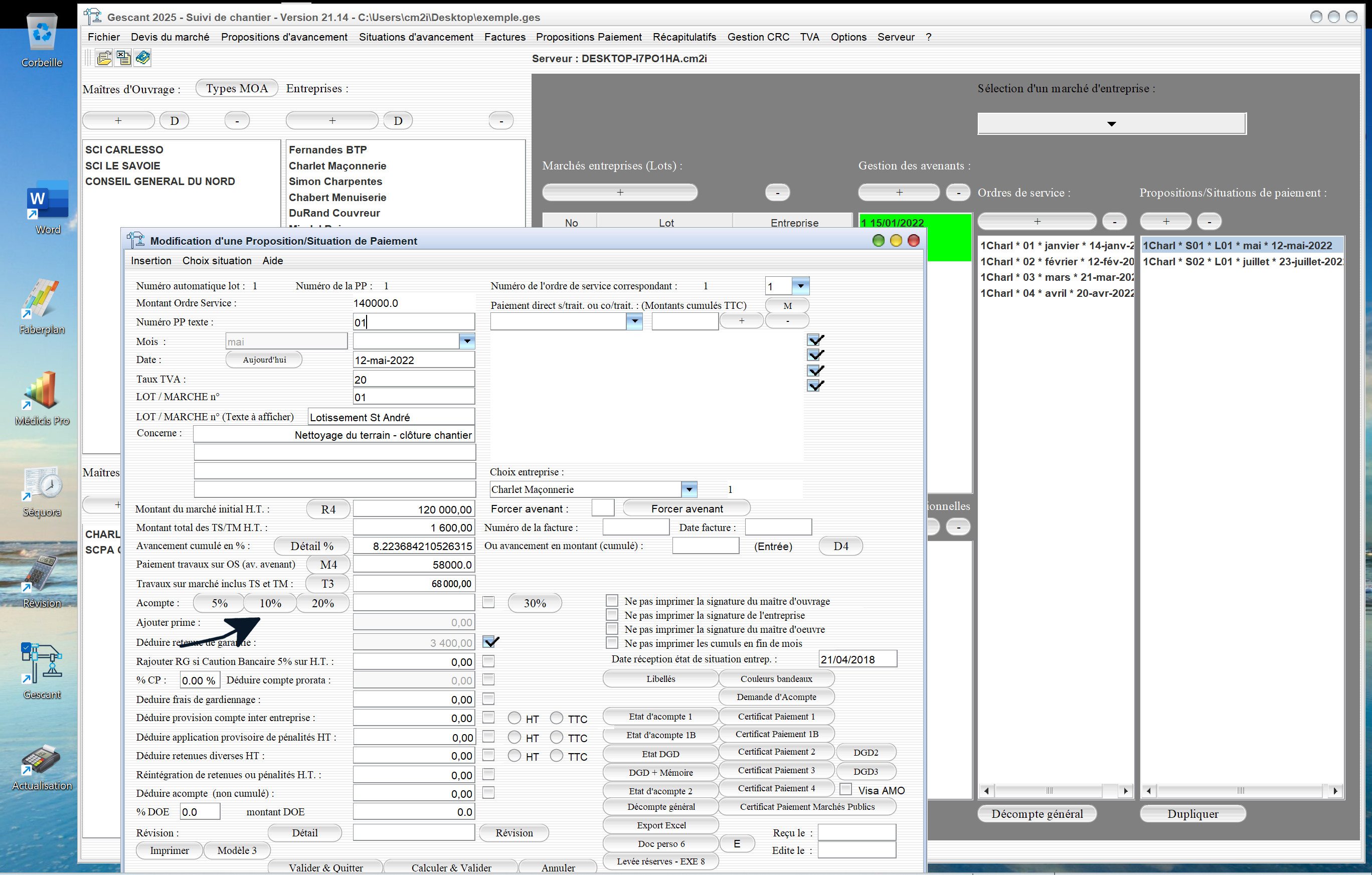 Capture du logiciel Gescant Mac et PC version 21.14 montrant l’amélioration de la gestion des acomptes dans les situations de démarrage des travaux pour le suivi de chantier en maîtrise d’œuvre