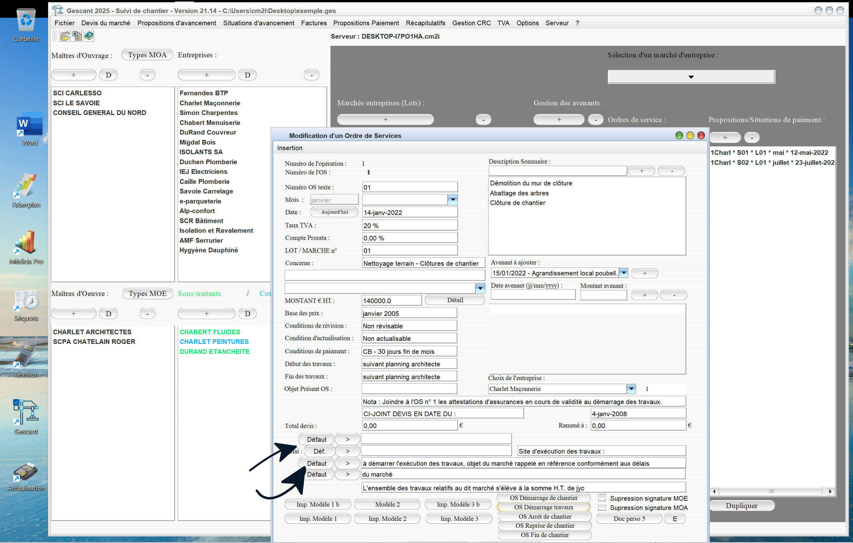 Capture du logiciel Gescant Mac et PC version 21.14 illustrant la nouvelle gestion des textes par défaut pour les ordres de service de démarrage des travaux en maîtrise d’œuvre