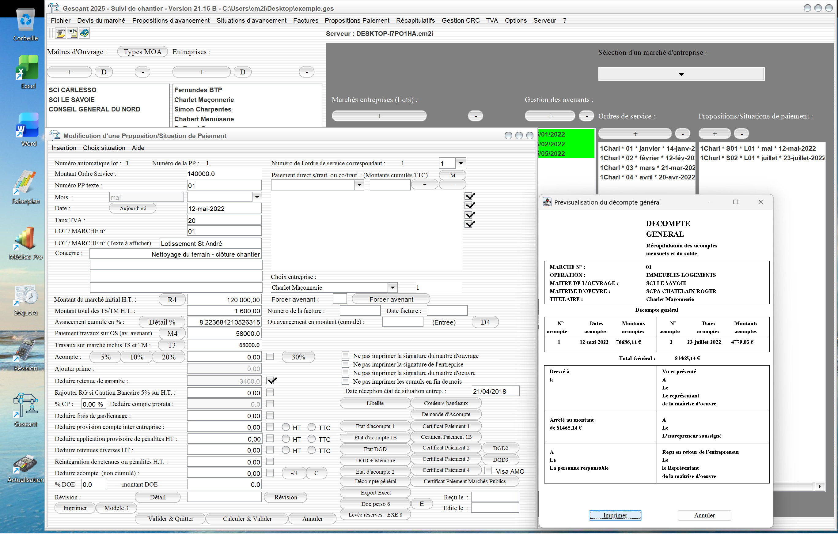 Capture du logiciel Gescant Mac et PC version 21.16 illustrant l’amélioration du décompte général des acomptes par lots pour le suivi de chantier en maîtrise d’œuvre