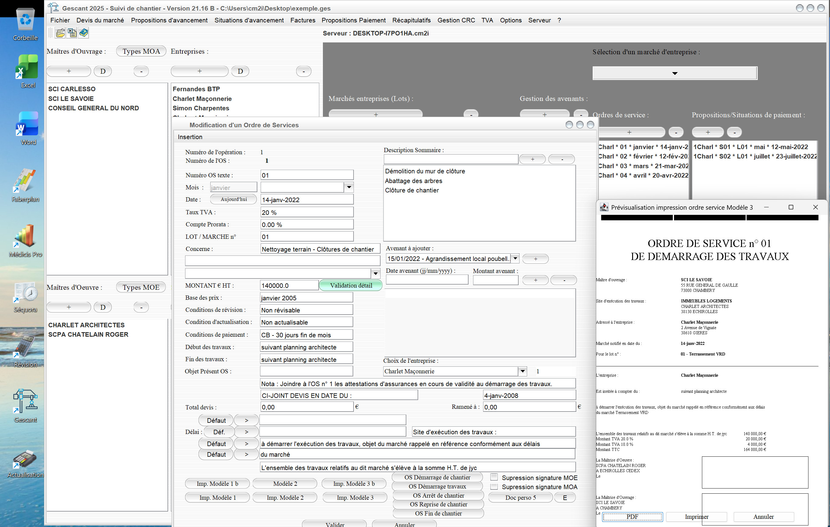 Capture du logiciel Gescant Mac et PC version 21.16 montrant les nouveaux PDF automatiques pour les ordres de service dans le suivi de chantier en maîtrise d’œuvre