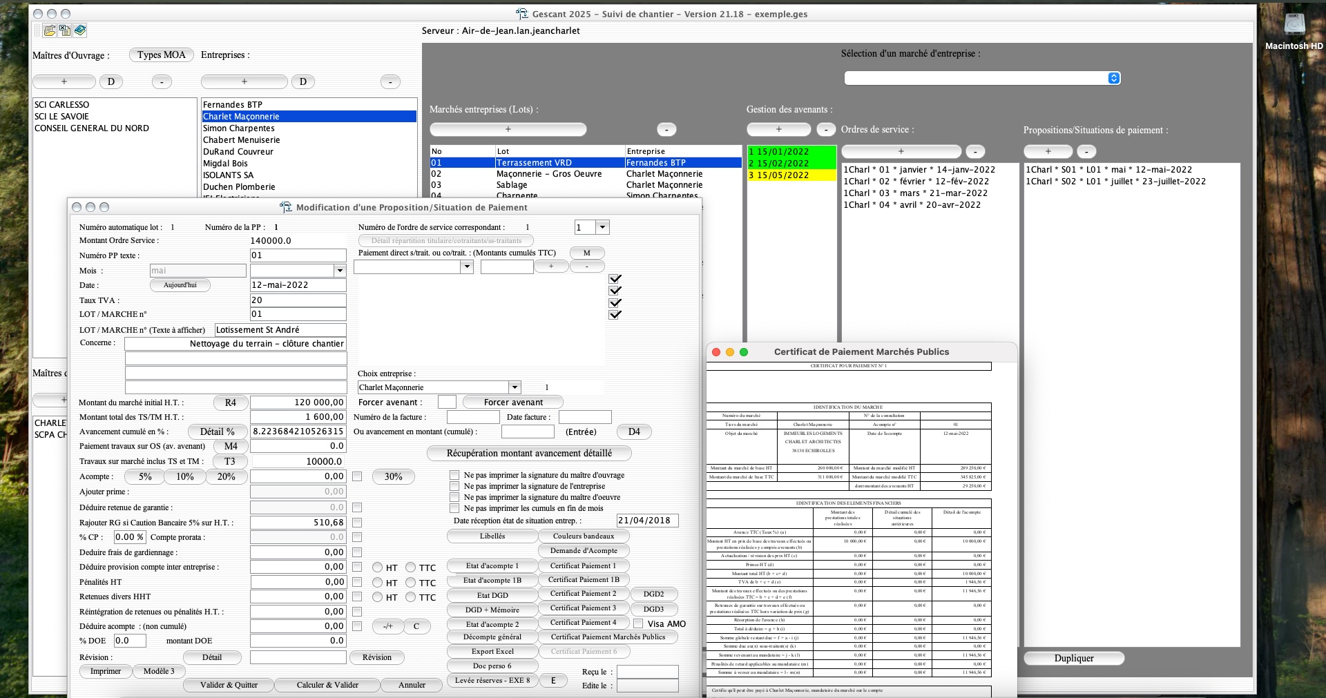 Capture d'écran de l'amélioration du certificat de marchés publics dans le logiciel de suivi de chantier Gescant, version 2118, destiné aux architectes et professionnels de la maîtrise d'œuvre