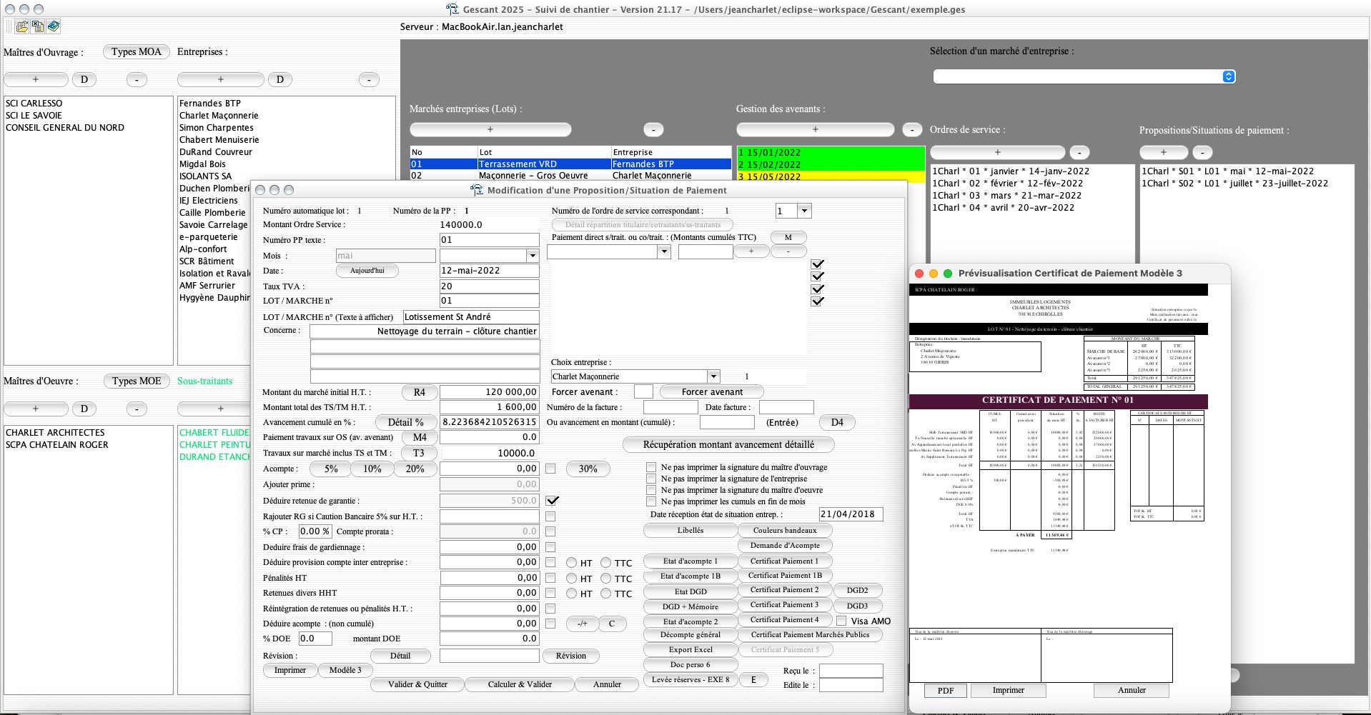 Capture du logiciel Gescant version 21.17 illustrant l’amélioration du certificat de paiement modèle 3 pour le suivi de chantier en maîtrise d’œuvre