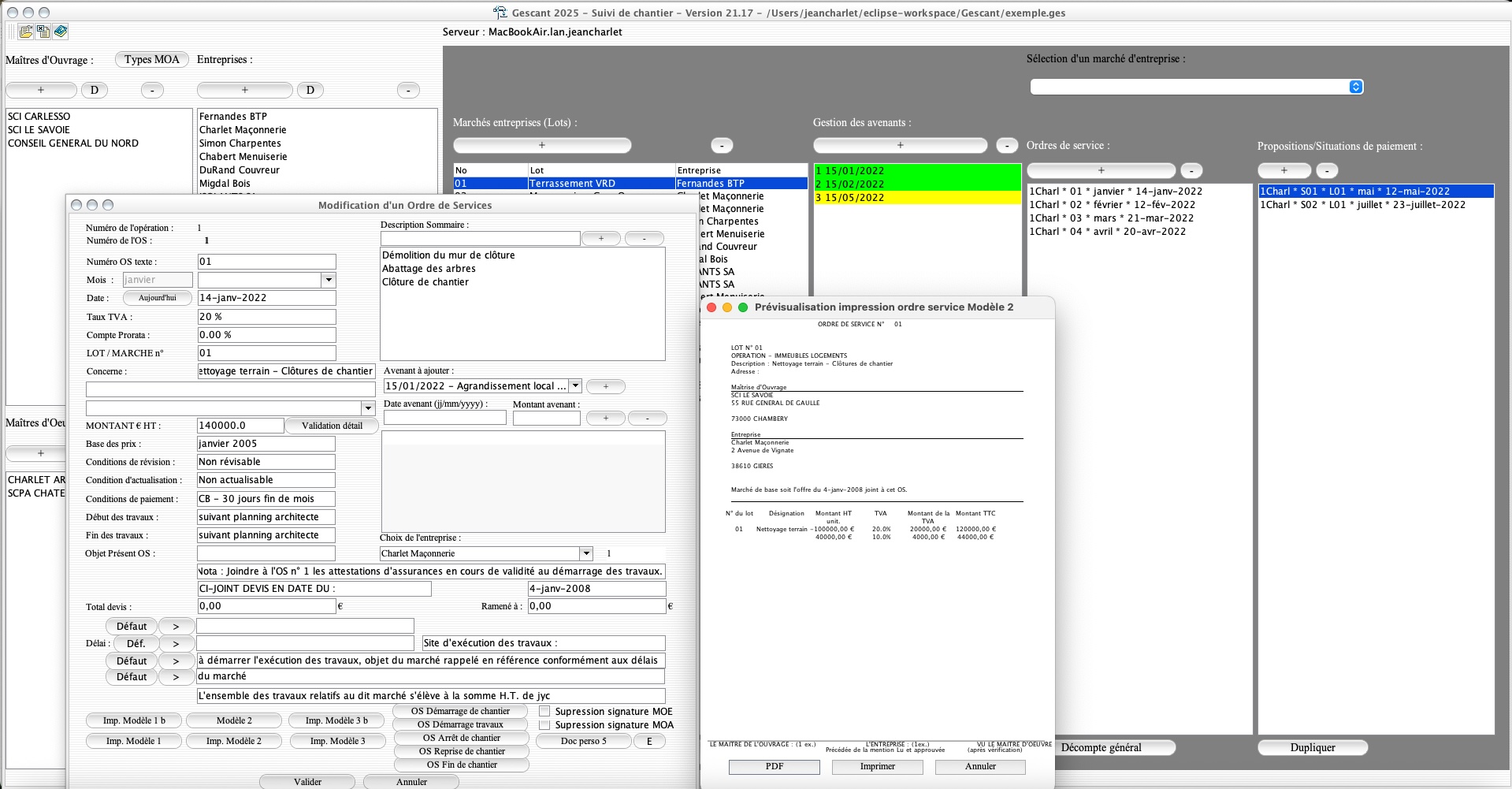 Capture du logiciel Gescant version 21.17 illustrant l’amélioration du modèle 2 d’ordre de service pour le suivi de chantier en maîtrise d’œuvre