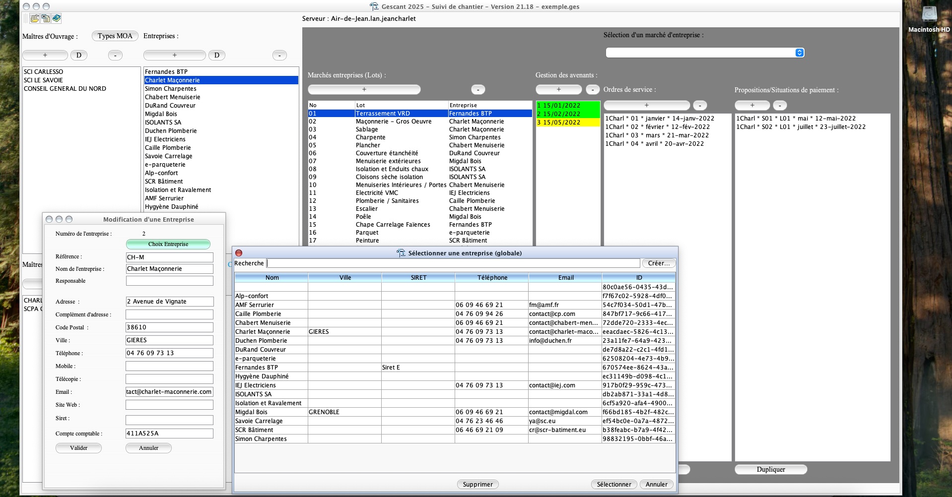 Capture d'écran de la fonctionnalité de gestion globale des entreprises dans le logiciel de suivi de chantier Gescant, version 2118, destiné aux architectes et professionnels de la maîtrise d'œuvre