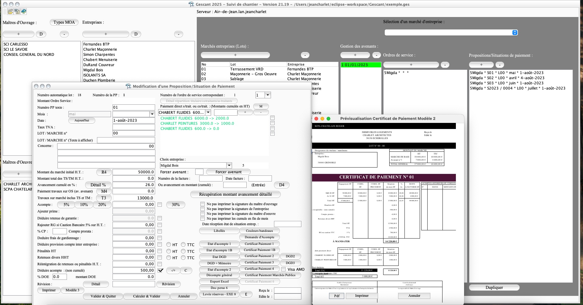 Capture d'écran de l'amélioration de la gestion des sous-traitants avec le modèle 2 de certificat de paiement dans le logiciel de suivi de chantier Gescant, version 2119, destiné aux architectes et professionnels de la maîtrise d'œuvre