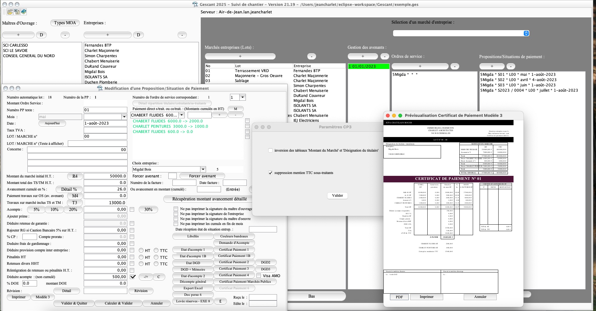 Capture d'écran de l'amélioration de la gestion des sous-traitants avec le modèle 3 de certificat de paiement dans le logiciel de suivi de chantier Gescant, version 2119, destiné aux architectes et professionnels de la maîtrise d'œuvre