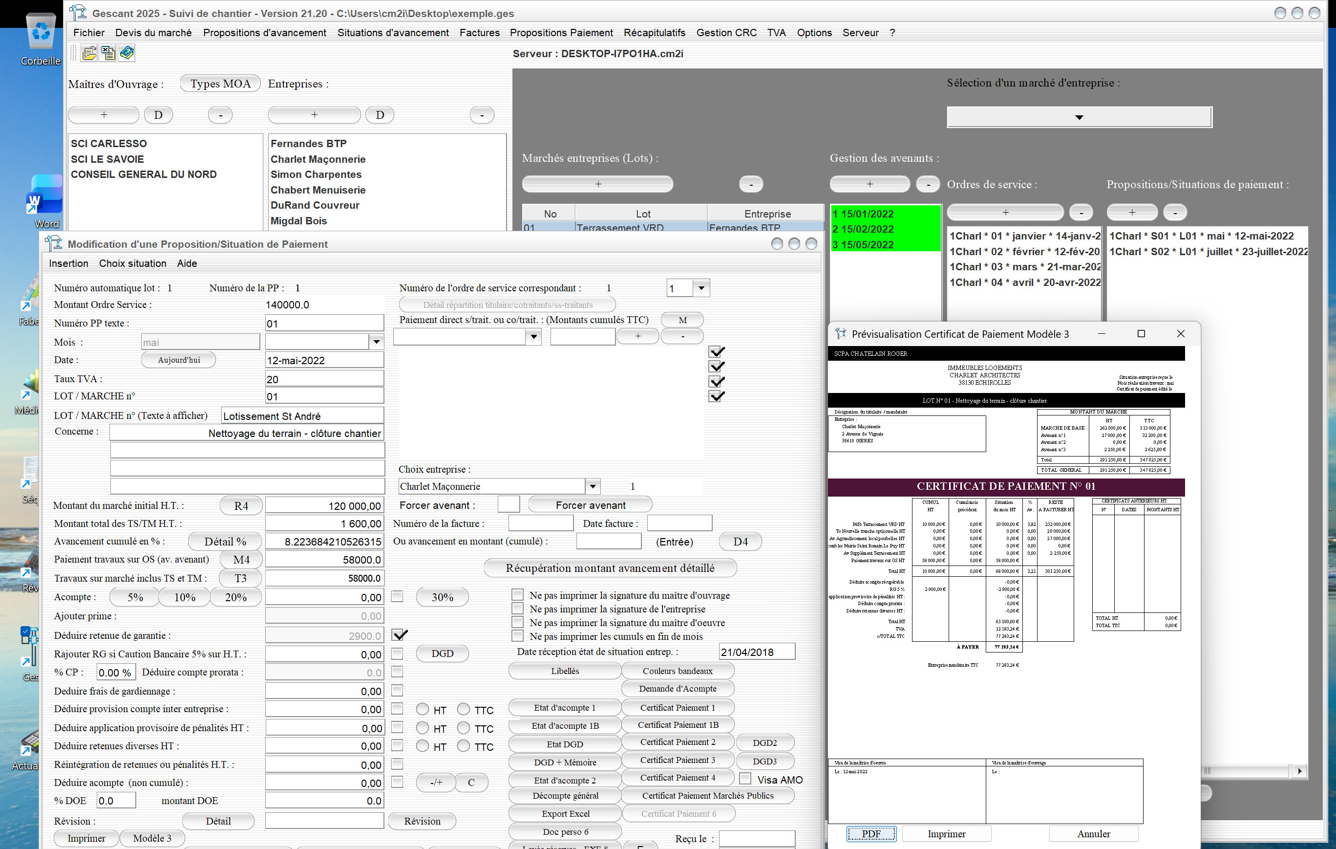 Capture d'écran des nombreuses améliorations du modèle 3 de certificats de paiement dans le logiciel de suivi de chantier Gescant, version 2120, destiné aux architectes et professionnels de la maîtrise d'œuvre