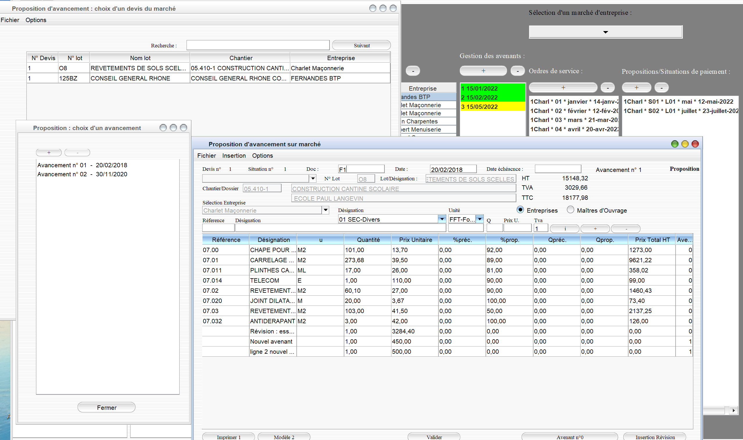 Capture d'écran de la nouvelle gestion des quantités réalisées et des quantités précédentes dans le logiciel de suivi de chantier Gescant pour Mac et PC, version 2202, destiné aux architectes et professionnels de la maîtrise d'œuvre