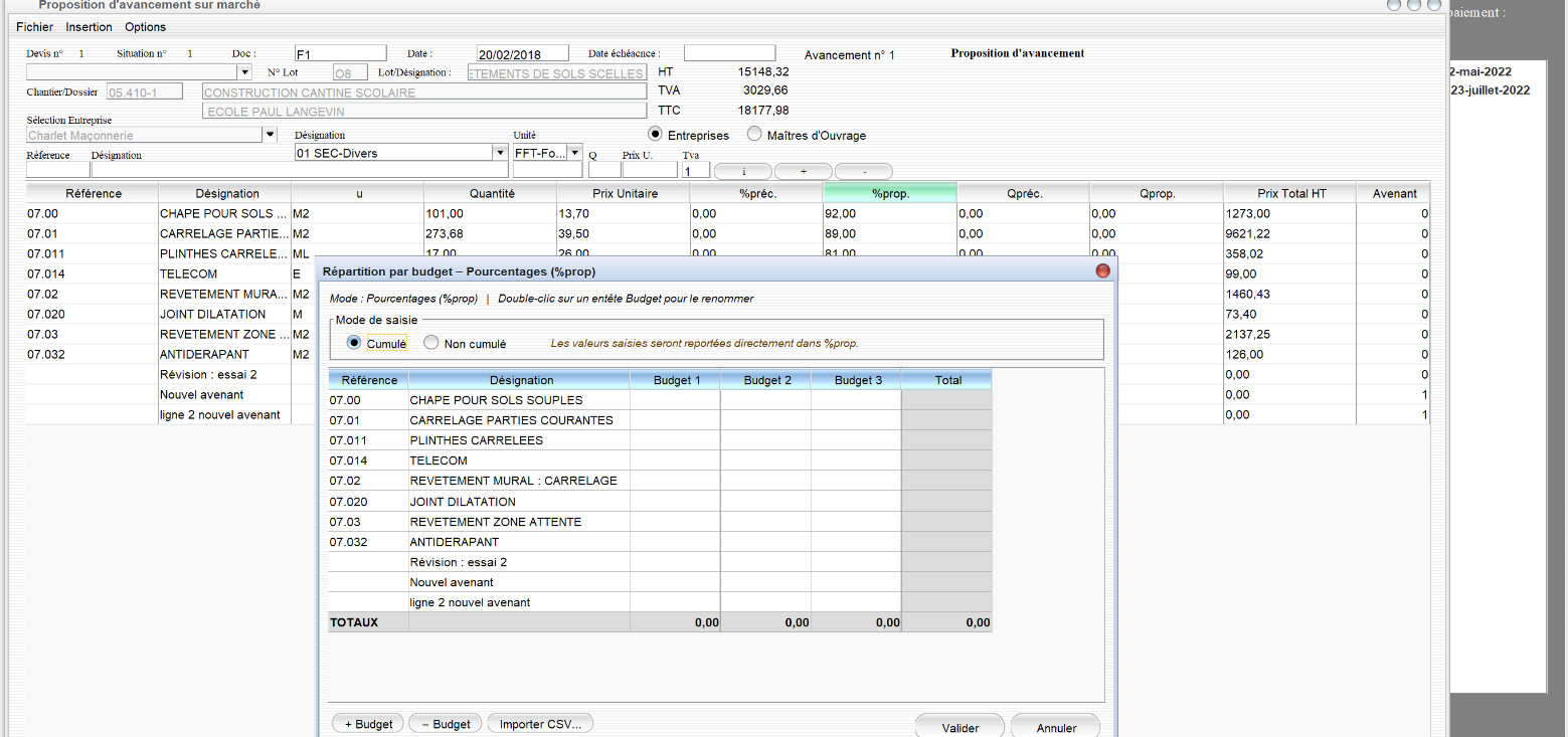 Capture d'écran du nouvel import par budget ou lieu d'exécution des pourcentages réalisés des entreprises dans le logiciel de suivi de chantier Gescant pour Mac et PC, version 2203, destiné aux architectes et professionnels de la maîtrise d'œuvre