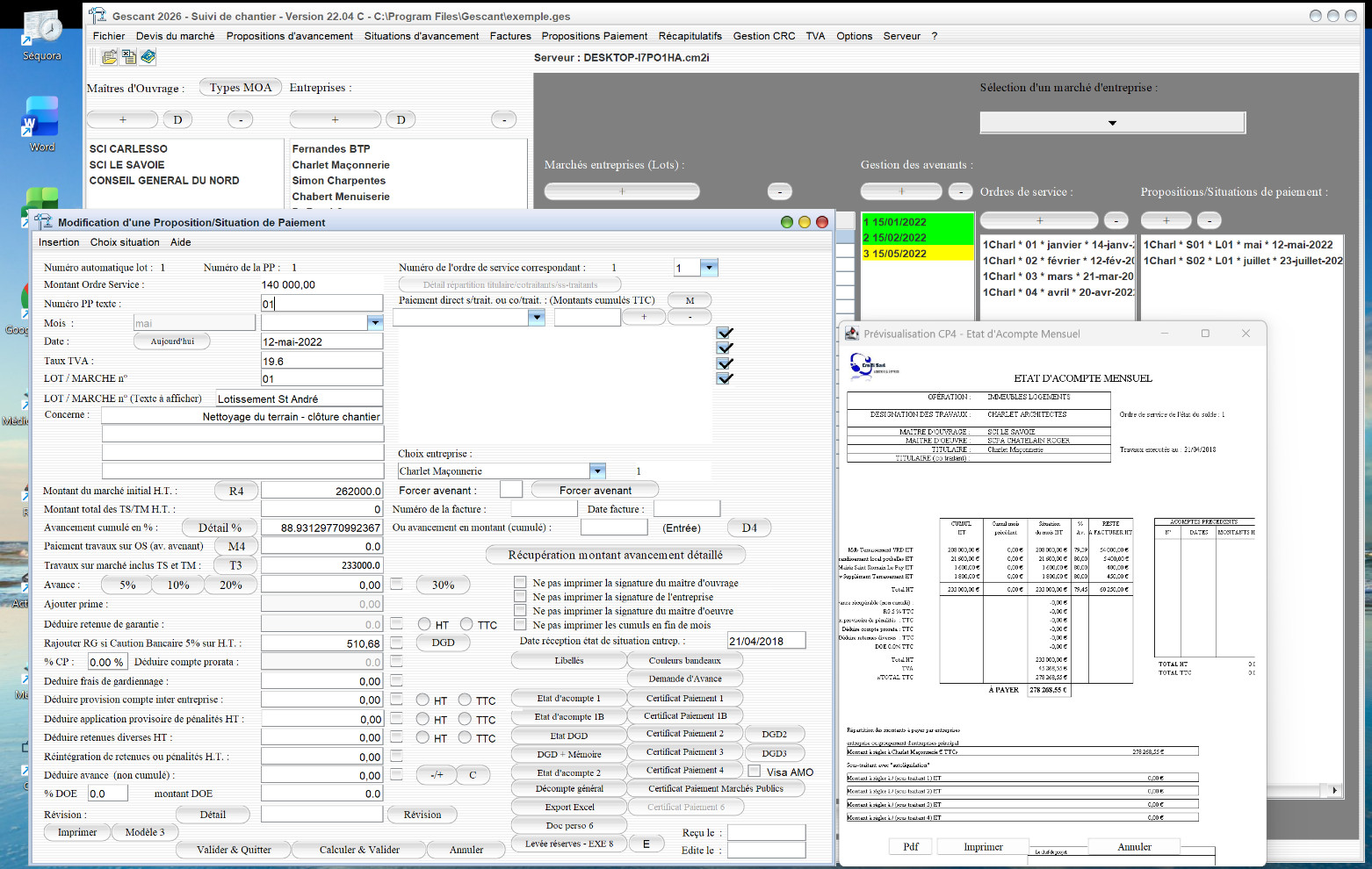 Capture d'écran de l'amélioration du modèle 4 de certificat de paiement dans le logiciel de suivi de chantier Gescant pour Mac et PC, version 2204, destiné aux architectes et professionnels de la maîtrise d'œuvre