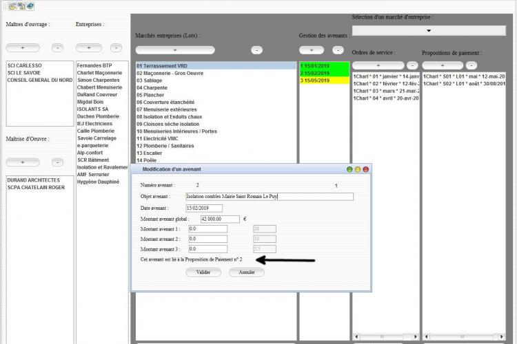 indication sur avenant suivi de chantier gescant v15.15