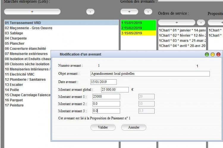 Gestions des avenants du suivi de chantier Gescant avec 3 taux de Tva