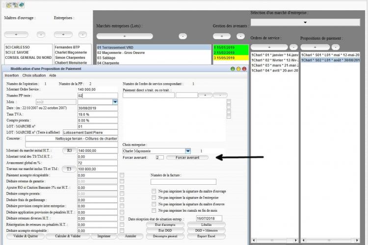 forçage avenant sur suivi de chantier mac et pc v15.15