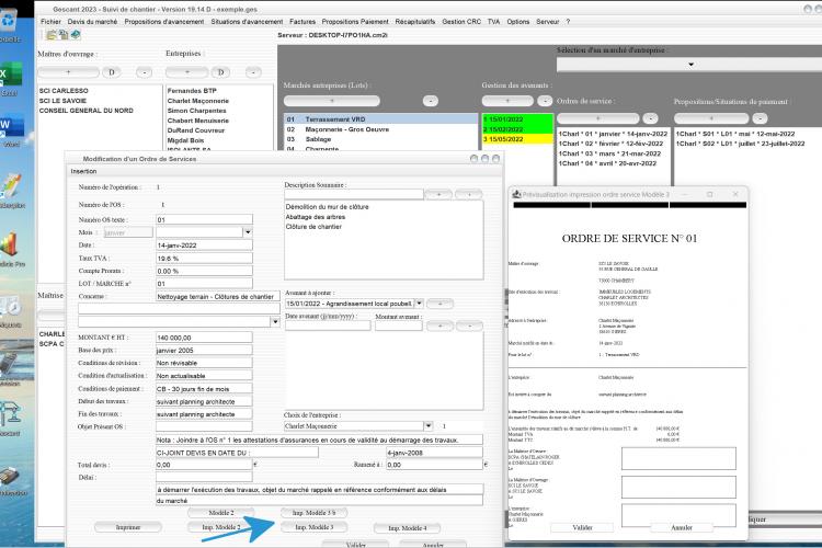 amélioration des 2 modèles 3 et 3b d'ordres de service du logiciel suivi de chantier Gescant Mac et PC v19.14