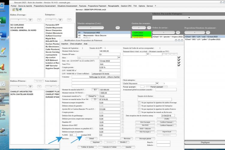 nouveaux champs DOE dans les situations du logiciel de suivi de chantier Gescant Mac et PC v19.14