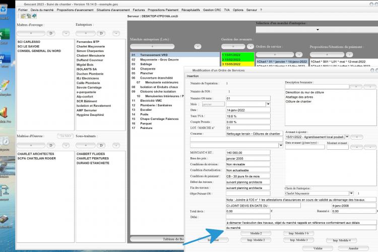 nouveaux champs modifiables dans les ordres de service du logiciel de suivi de chantier Gescant Mac et PC v19.14