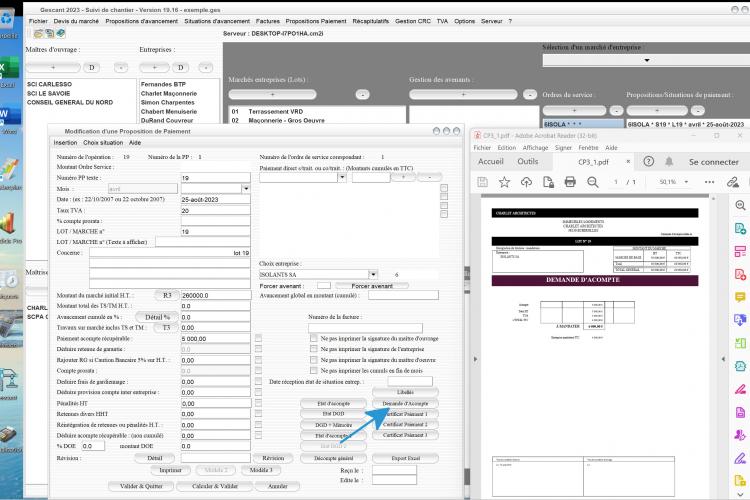 nouveau modèle de demande d'acompte dans le logiciel de suivi de chantier Gescant Mac et PC v19.16