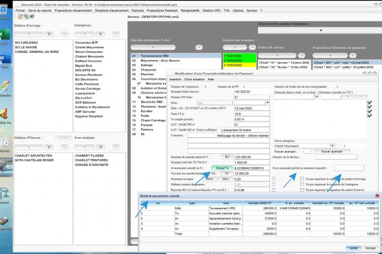 nouveau calcul automatique du détail d'avancement en montant du logiciel de suivi de chantier Gescant Mac et PC v19.19