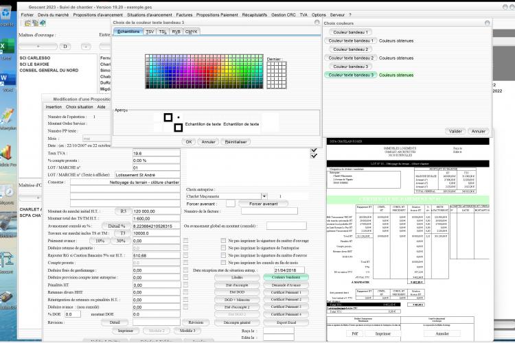 nouveau choix des couleurs du modèle 2 de certificat de paiement dans les situations du logiciel de suivi de chantier Gescant Mac et PC v19.20